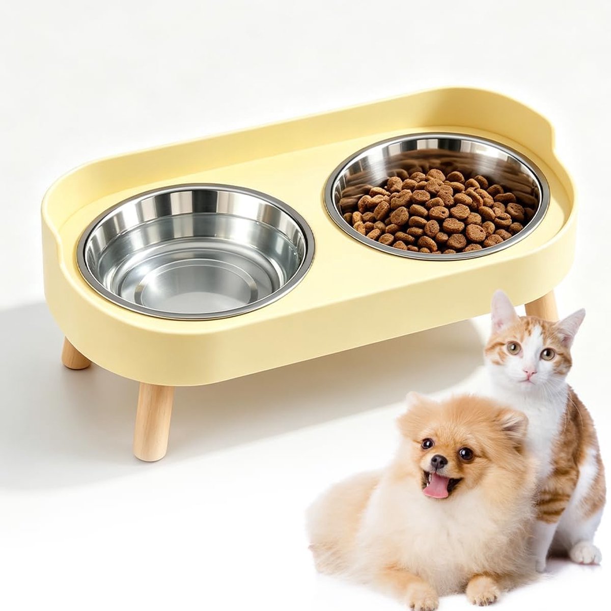 verhoogde kattenbakset 2 stuks - roestvrij staal - dubbele bakken met standaard - antislip en spatbescherming - ShopVlot