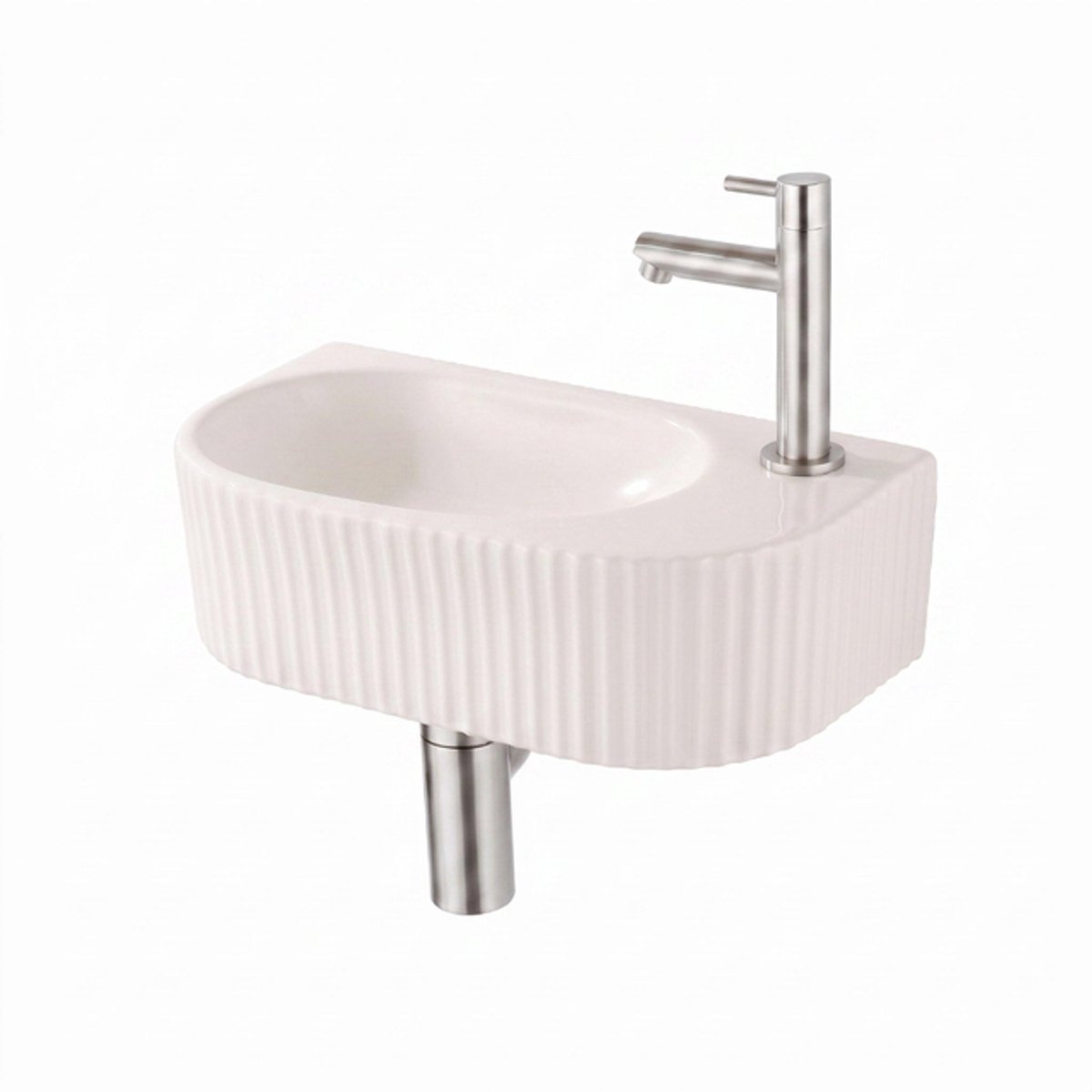 QeramiQ Fuente fonteinset – halfrond – 40x22x12 cm – kraangat rechts – kraan geborsteld RVS – geribbeld