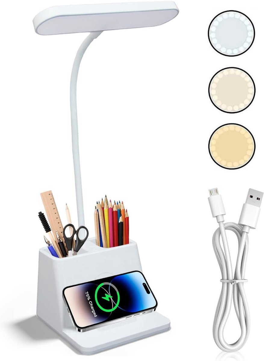 PORFOYO Children's Desk Lamp, LED Table Lamp with Wireless Charging, Bedside Lamp, Reading Lamp with Pen Holder, 360° - ShopVlot