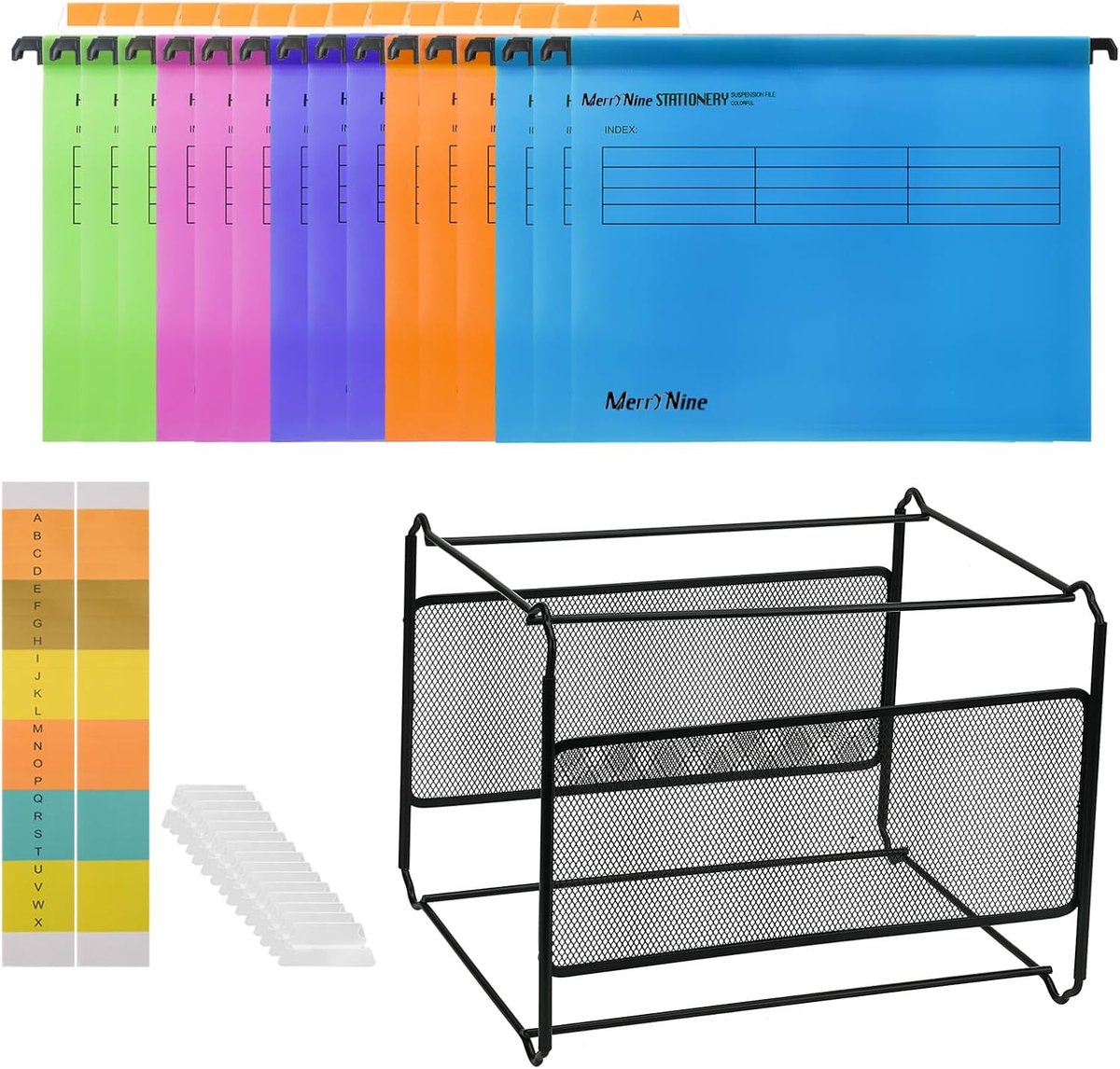 MerryNine Set of Hanging Files and Frame, A4 Hanging Files 15 Pieces 5 Colors with Tabs and Card, Black Metal Mesh A4 - ShopVlot