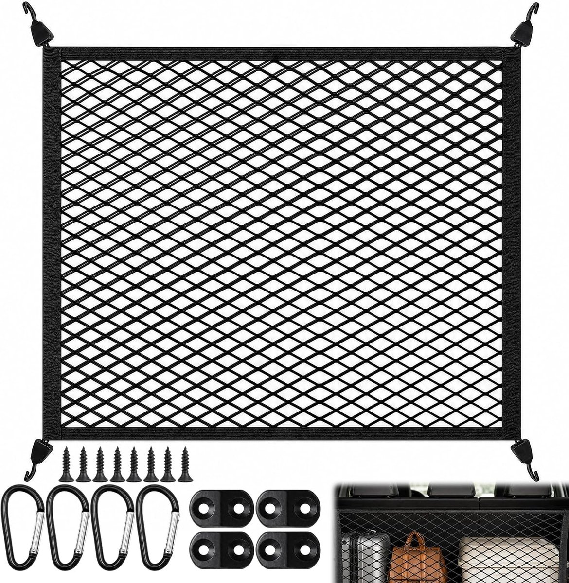 Rekbaar bagagenet voor auto, camper, 80 x 60 cm tot 160 x 120 cm, spanbaar kofferbaknet met 4 stevige haken, opbergnet - ShopVlot