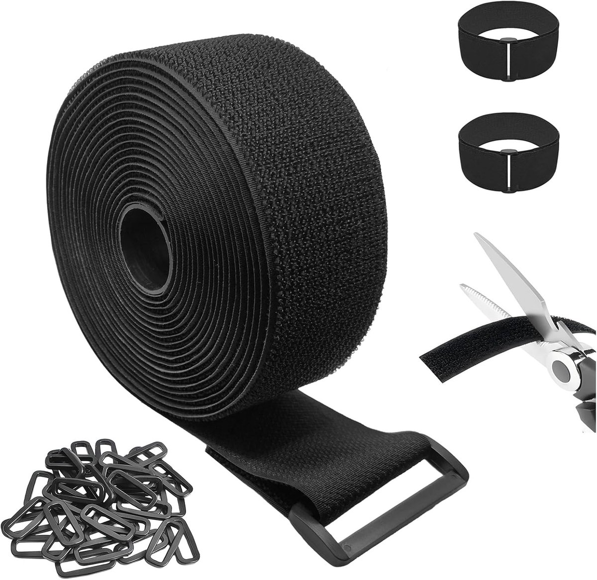2 in x 5m Adjustable Cable Ties with 25 Buckles, Black Strap, Reusable, Self Adhesive Extra Strong Straps for Cable - ShopVlot