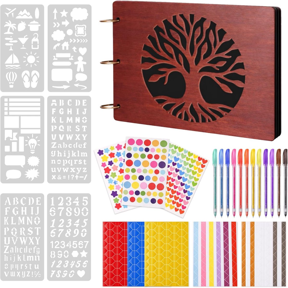 Houten levensboom plakboek fotoalbum kit, inclusief 19 stickers, 12 markeerstiften, 6 PET-sjablonen, doe-het-zelf - ShopVlot