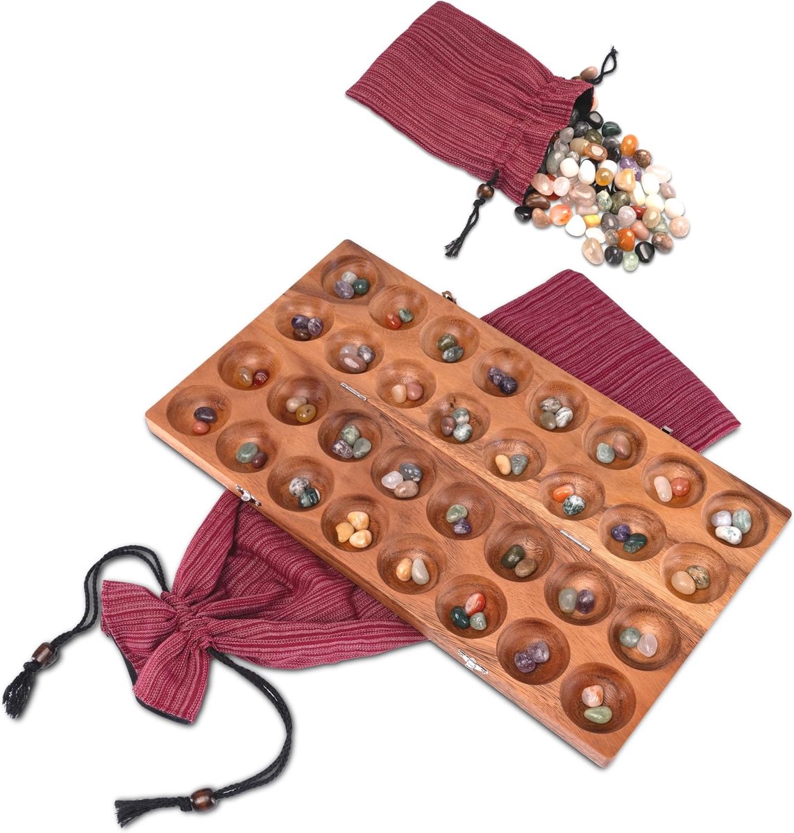 Hus game with silver metal clasps and large cloth bag – for 2 players – Bao – Kalaha – with gems and cloth bag - ShopVlot