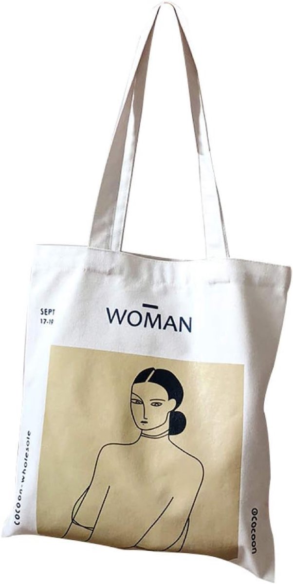 Woman Cotton Bag with Inner Pocket - Reusable Long Handle Fabric Tote Bag - Printed Cotton Shoulder Bag - ShopVlot