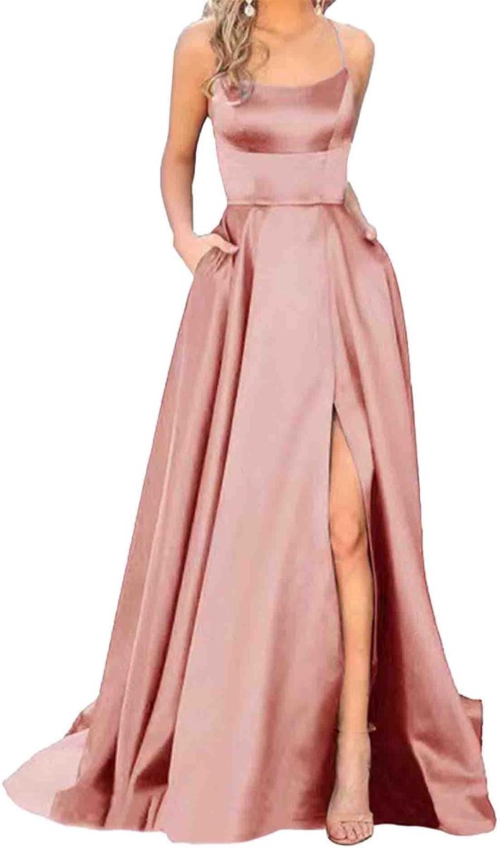 xxxiticat Women's Elegant Long Ball Gown with Pockets Satin A-line Backless Wedding Dress Evening Dress Sexy Halter - ShopVlot