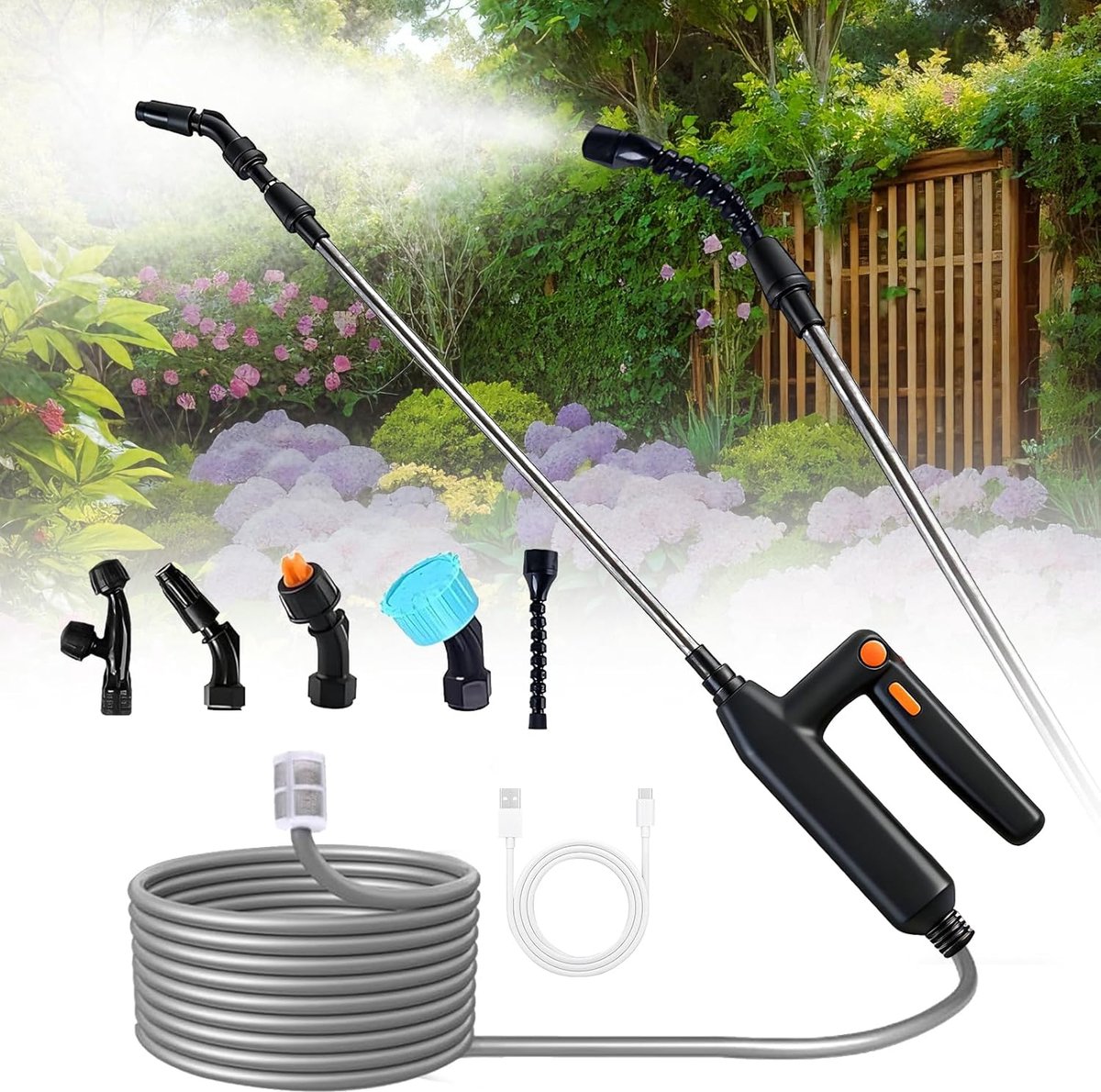 Accu-druksproeier, elektrische uittrekbare plantensproeier met 5 verstelbare sproeiers, 5 m slang, USB-oplaadbaar - ShopVlot