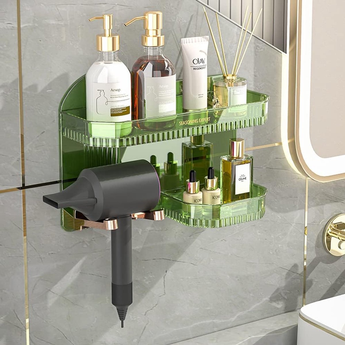Hair Dryer Wall Holder Hair Dryer Wall Hanger Bathroom Toiletries Wall Storage Shelf, Universal for Hair Dryer (Green) - ShopVlot