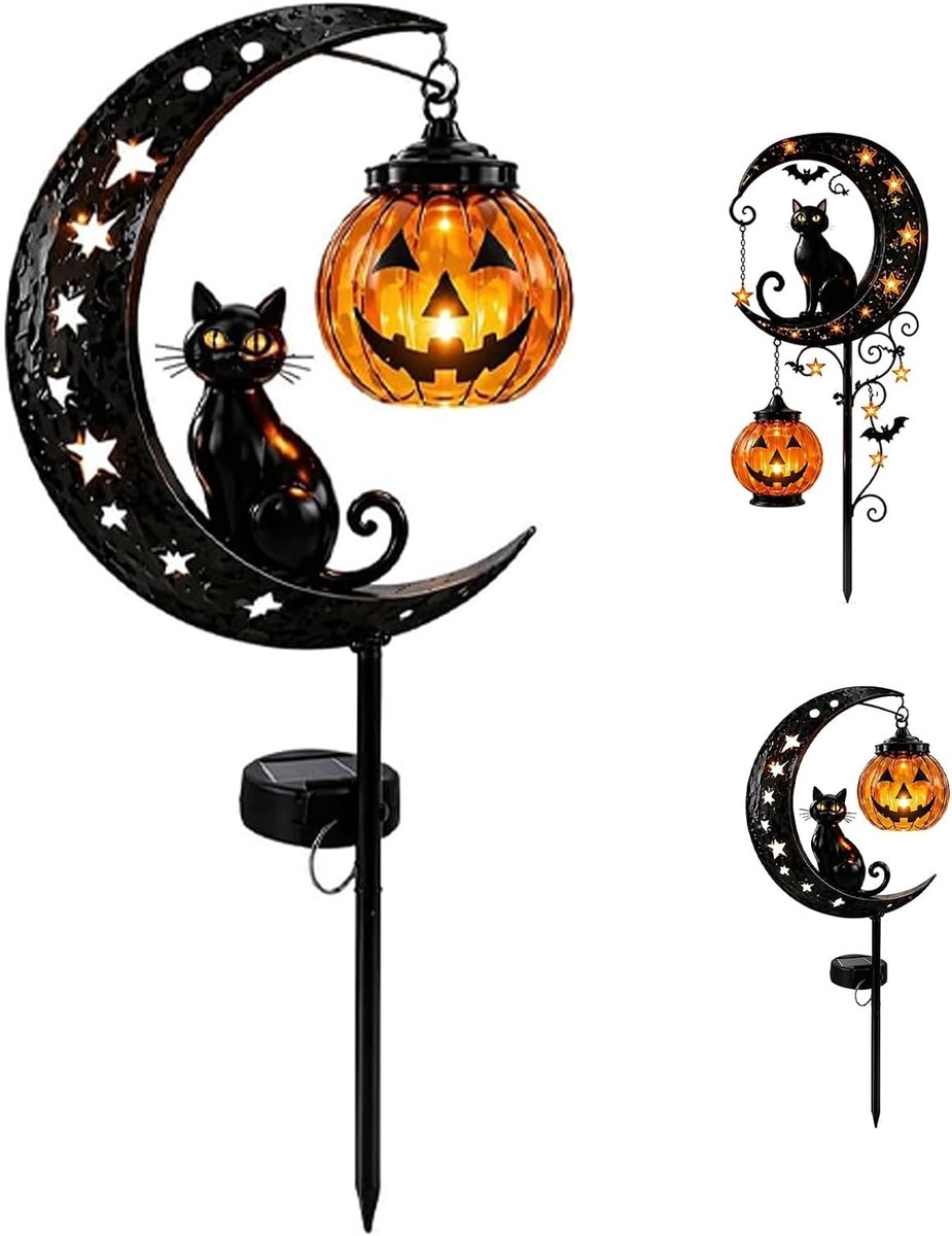 KZQ 1 stuk Halloween solar tuinlamp met zwarte kat en pompoen maan - Waterdichte staaklamp voor tuin en erf - Hangende lantaarn voor terras en tuinpad - Multicolor