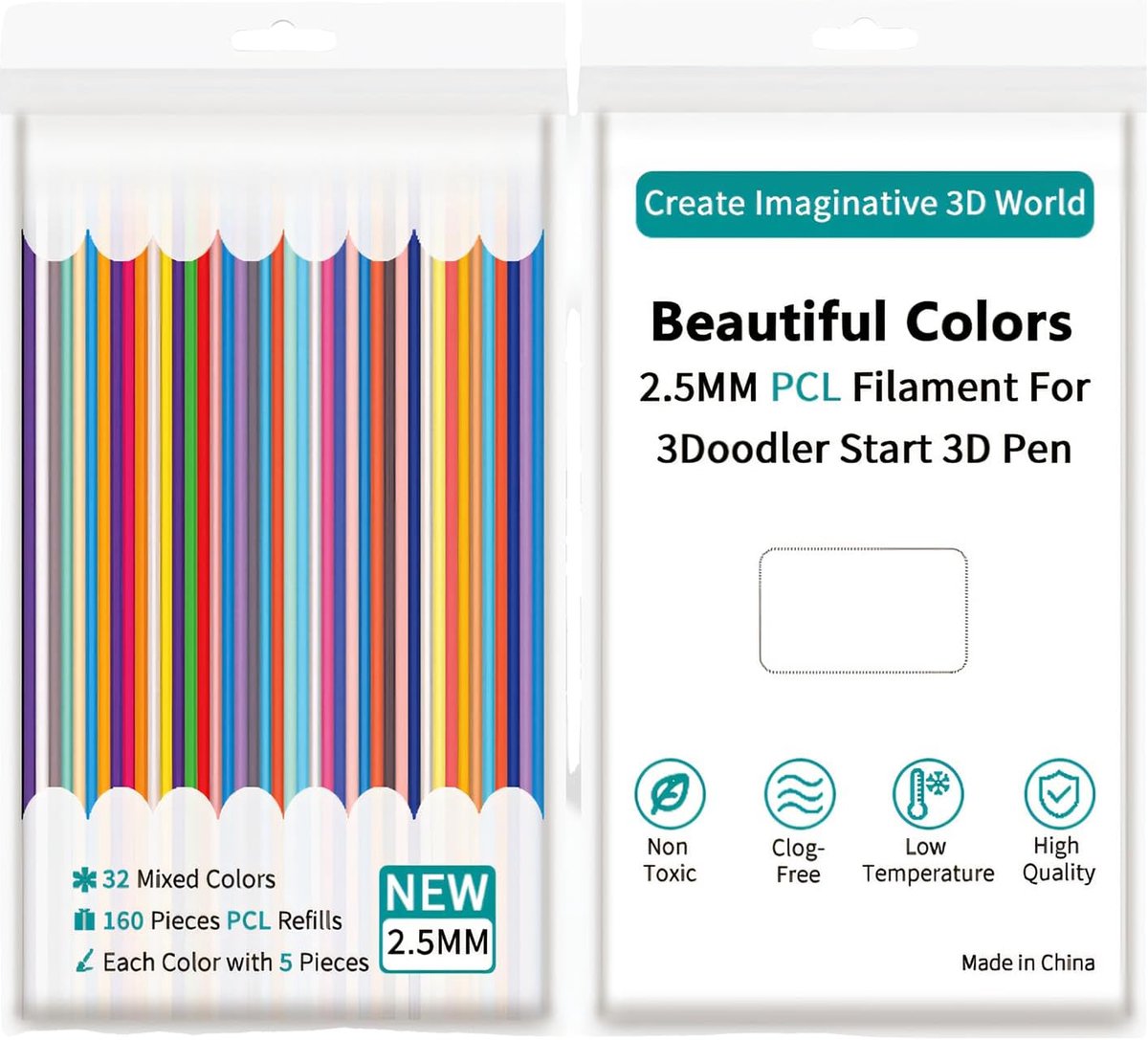 32 Colors 3D Pen Filament 2.5mm PCL Refills for 3Doodler Start, 160 Pieces (5 Each Color each), Non-Toxic, Cold - ShopVlot