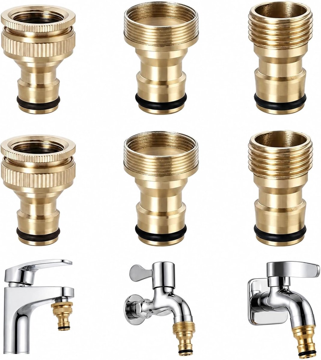 6 stuks universele adapter kraan tuinslang set messing 1/2 & 3/4 inch 22/24 mm tuinslangaansluiting voor - ShopVlot