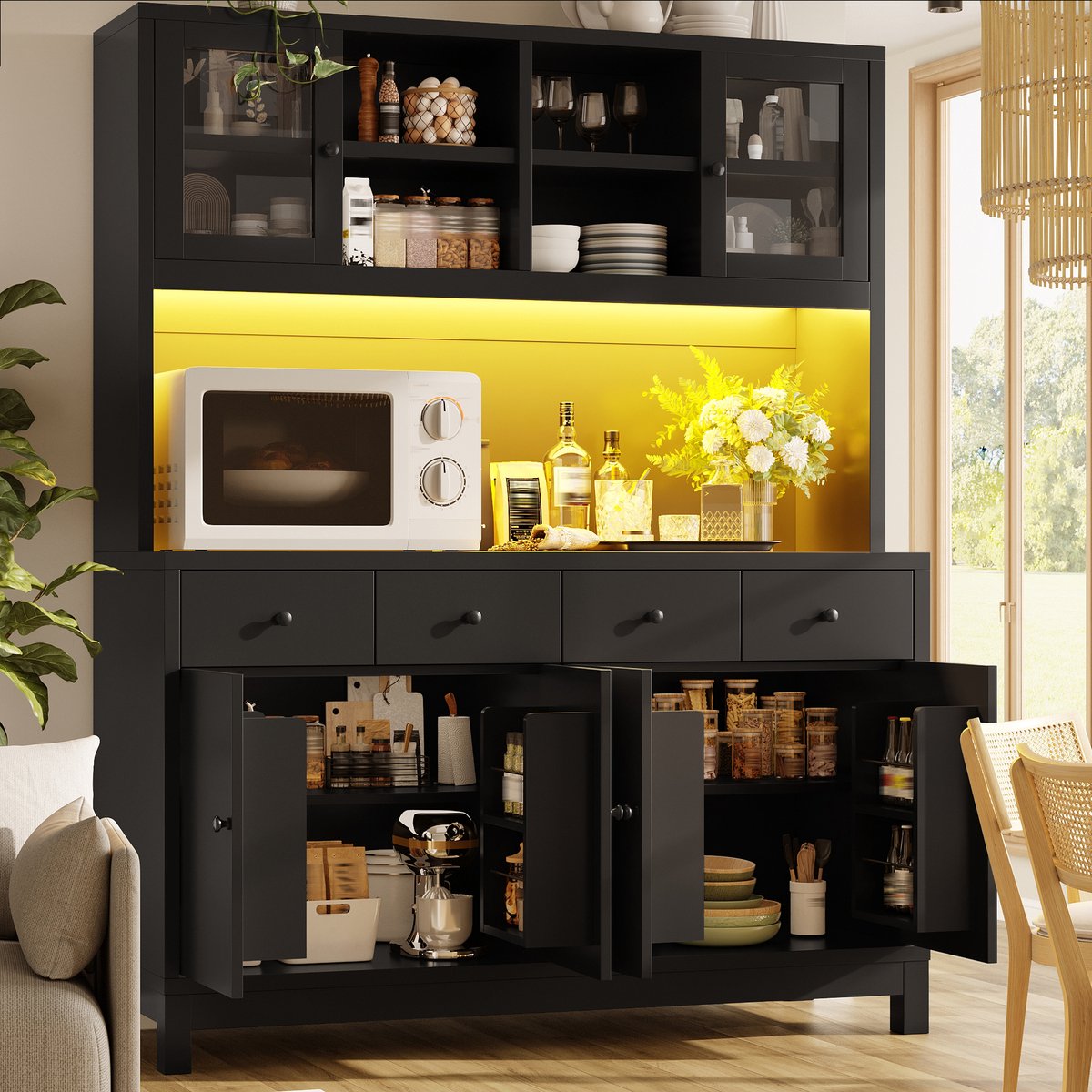 DESMIU Keukenkast - Hoge Buffetkast Met App Gestuurde Rgb Led En Glazen Deuren - Voor Keuken En Eetkamer - MDF - Zwart - 140x38 5x180 Cm