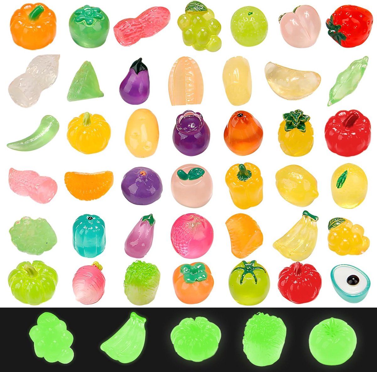 60 Pcs Mini Luminous Fruit Vegetables Figurines, Resin Small Artificial Fruit Vegetables Glow in the Dark, Fake - ShopVlot