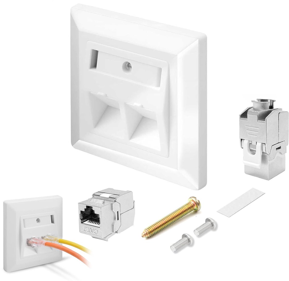 2-Port Network Socket CAT 7 with 2 x Keystone Module, CAT 7, Max 10 Gbit/s, Ethernet LAN Socket, Wall Mounted, PoE - ShopVlot