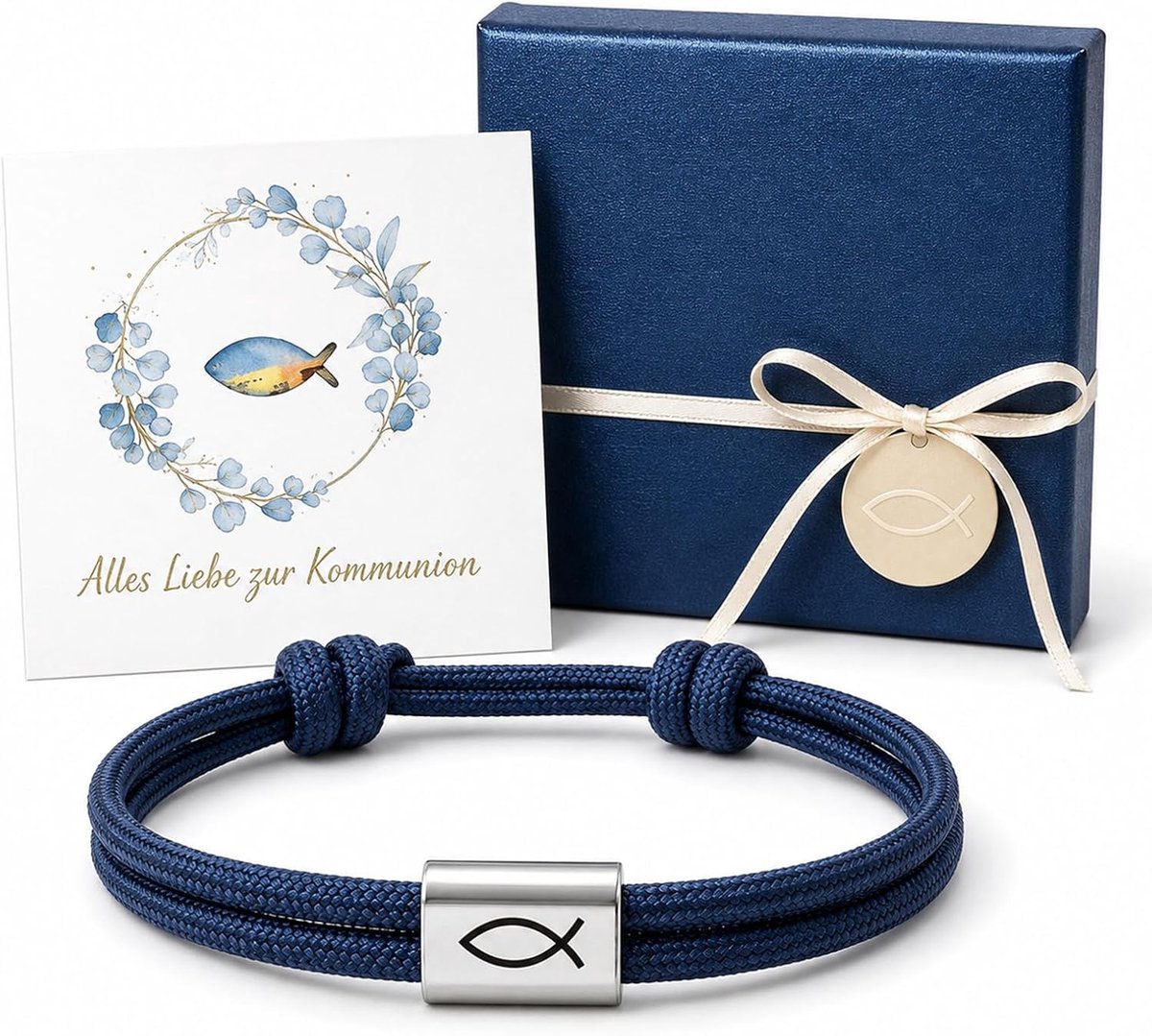 Bevestigingsgeschenken voor jongens en meisjes, roestvrij staal, Ichthys visarmband met geschenkdoos en kaart - ShopVlot