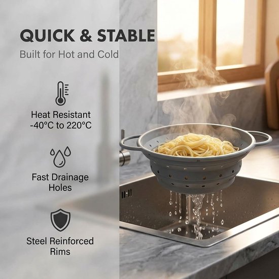 Pasta vergieter 11 inch - Vouwbaar - Flexibel siliconen - Ruimtebesparend voor camping - ShopVlot — afbeelding 4