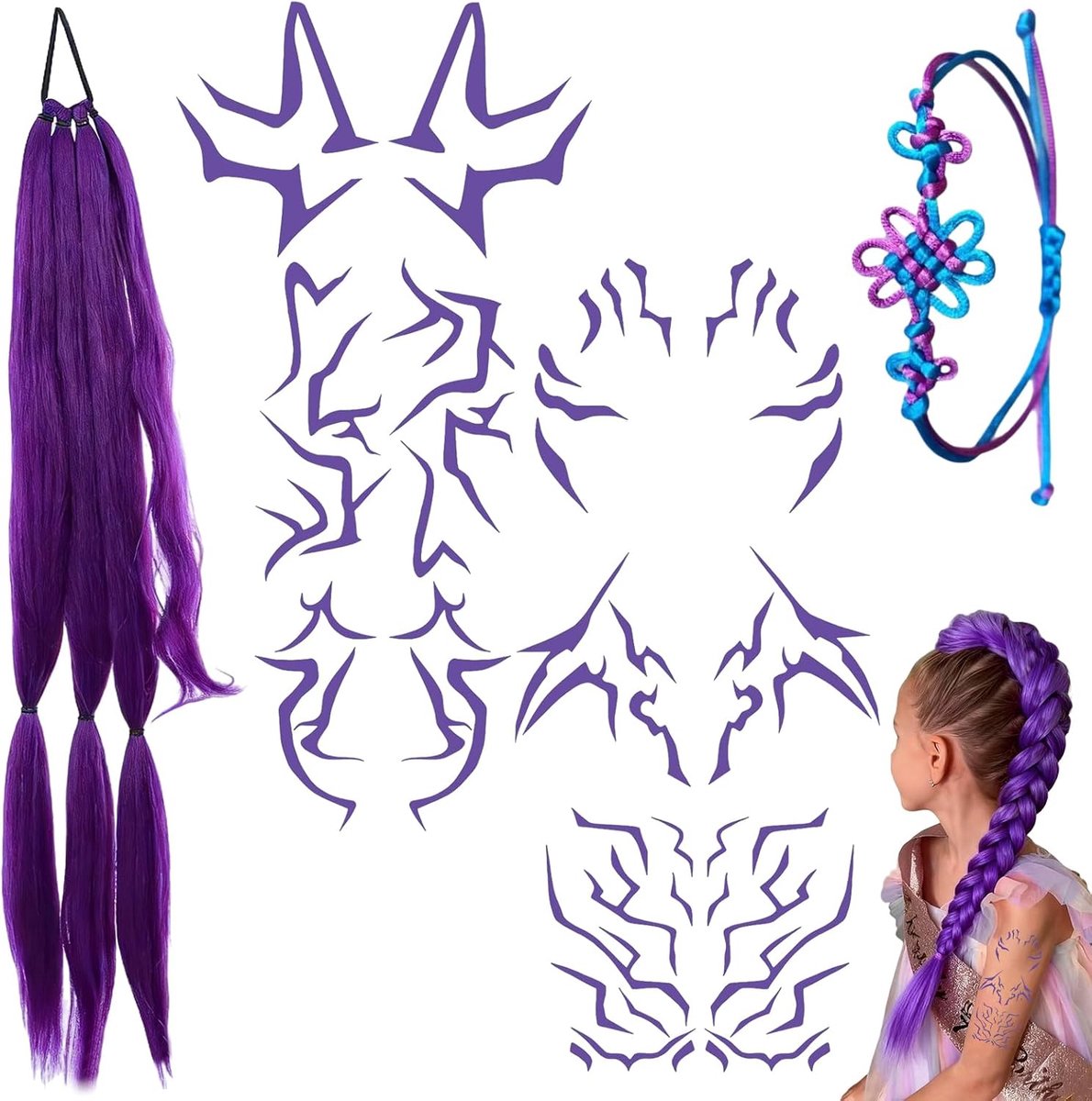 Paarse Haarwig voor Vlechten - Lange Synthetische Haar - Inclusief Kpop Demons Tattoos en Woven Armband - ShopVlot