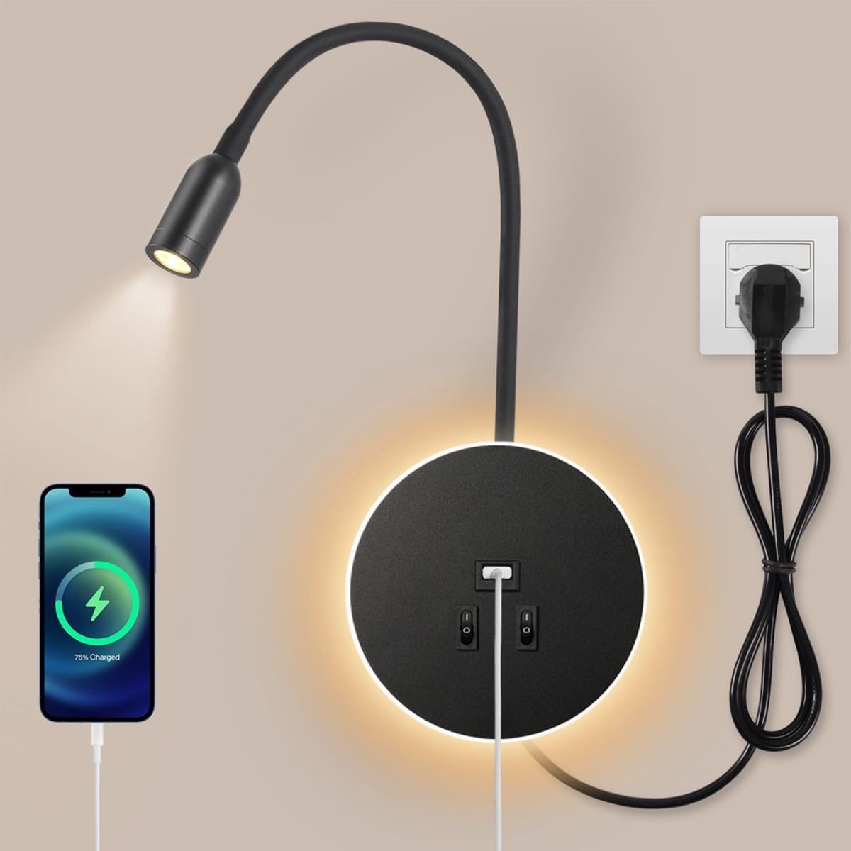 LED Zwanenhals Leeslampje - Zwart - 14 x 35 x 3,5 cm - Verstelbare Wandlamp met Schakelaar en USB-oplaadstation - Voor Slaapkamer of Kantoor
