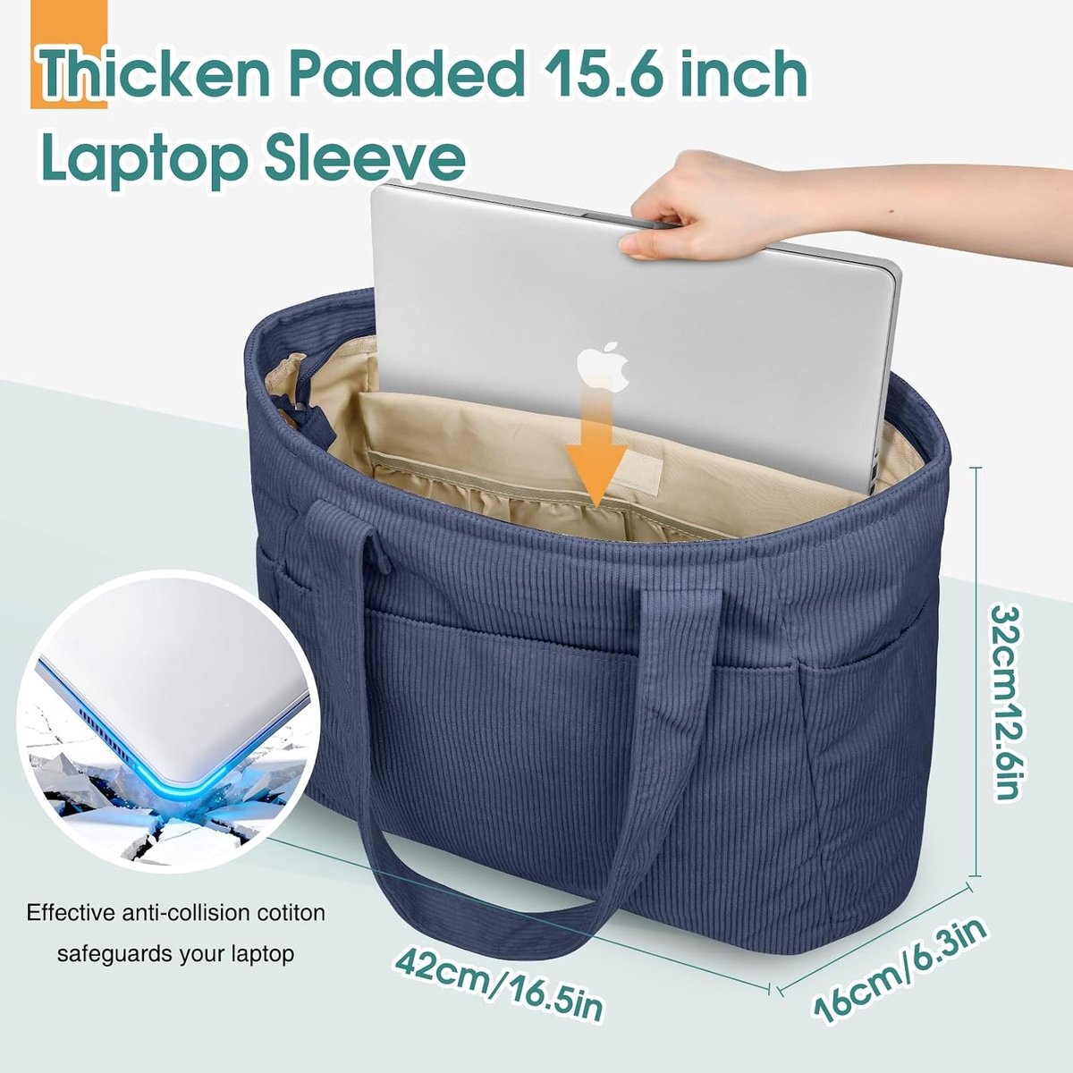 Tote Tas - Blauw - Grote Schoudertas - Corduroy Draagtas voor Dames - Voor School, Werk en Reizen