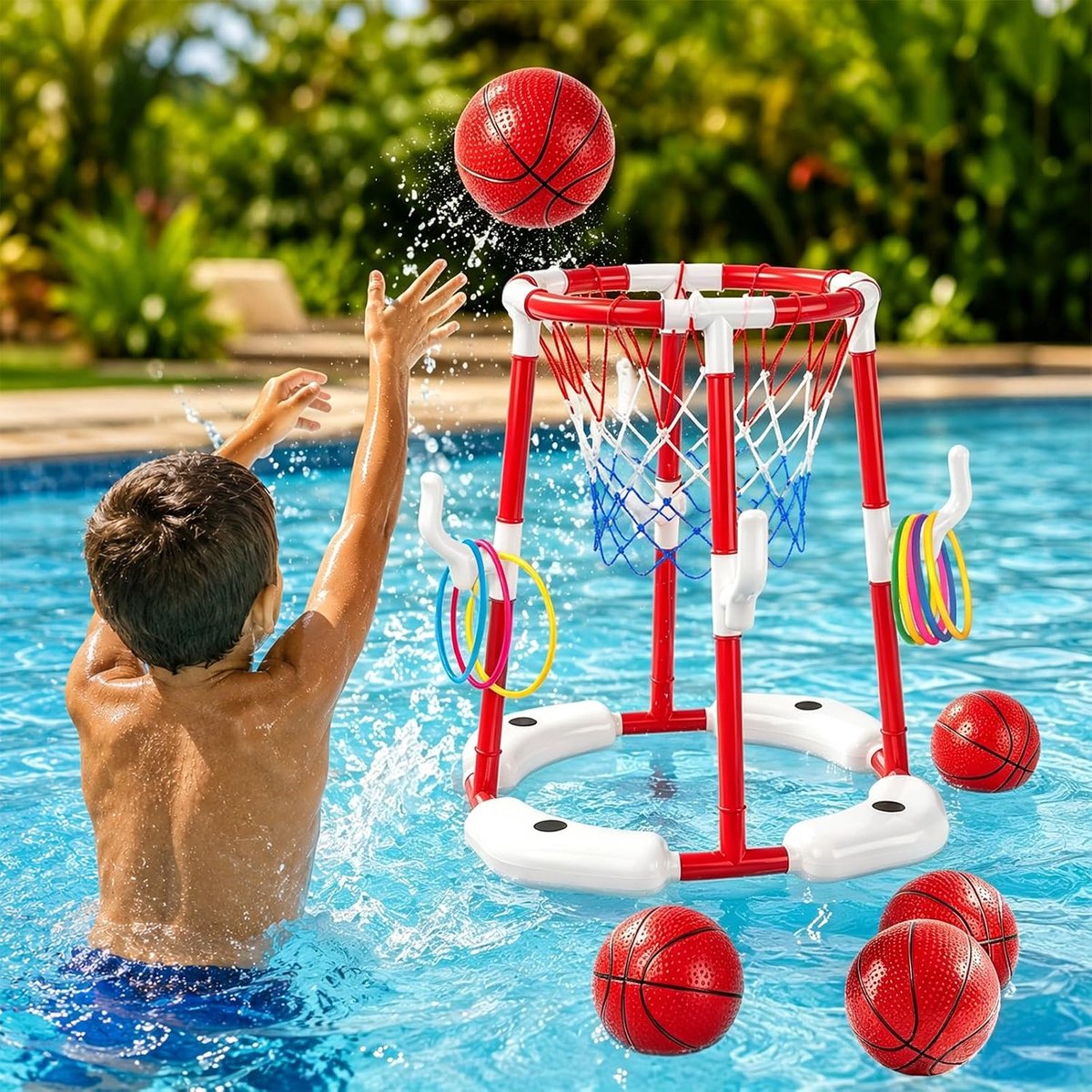 Basketbalkorf voor kinderen - 2-in-1 drijvend en bovengronds - met 12 ringen en 4 ballen - ShopVlot