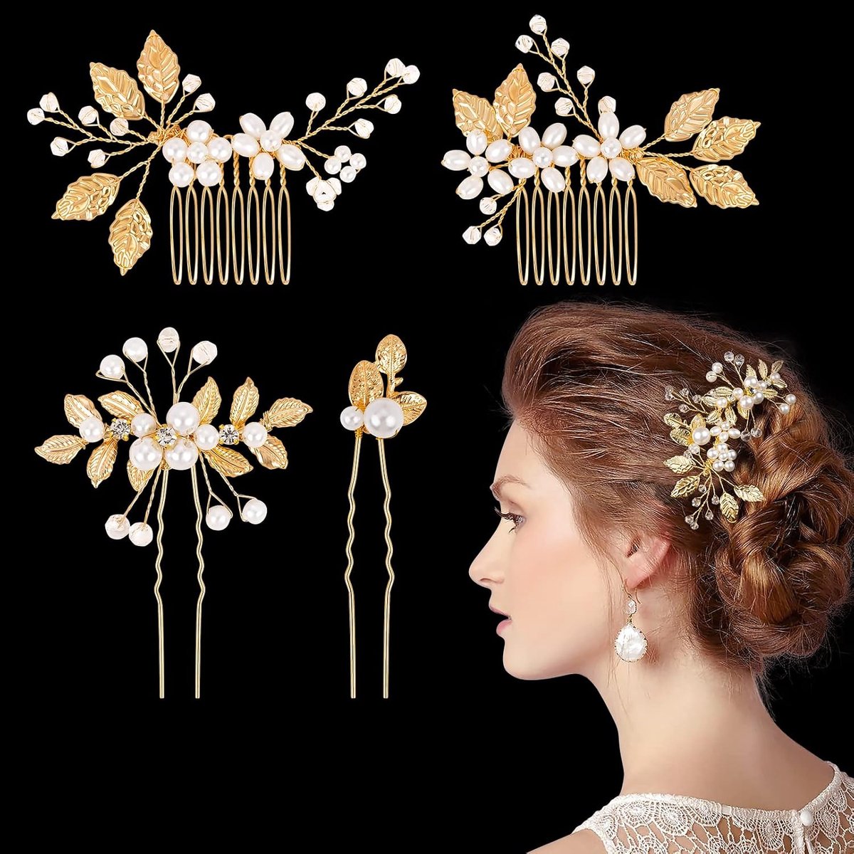 Haarspelden Bruid 4 Stuks - Gouden Floral - Parel en Rhinestone - Elegante Haaraccessoires - ShopVlot