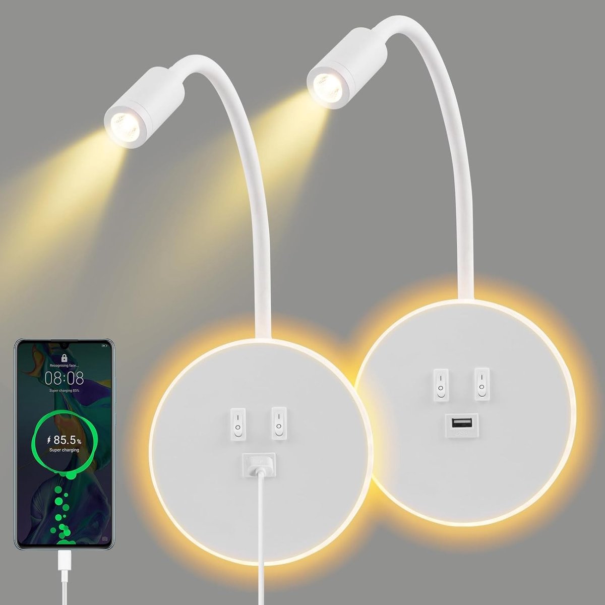 Wandlamp met Leeslamp - Wit - Verstelbaar - LED met USB-oplaadpoort - Voor Slaapkamer en Woonkamer