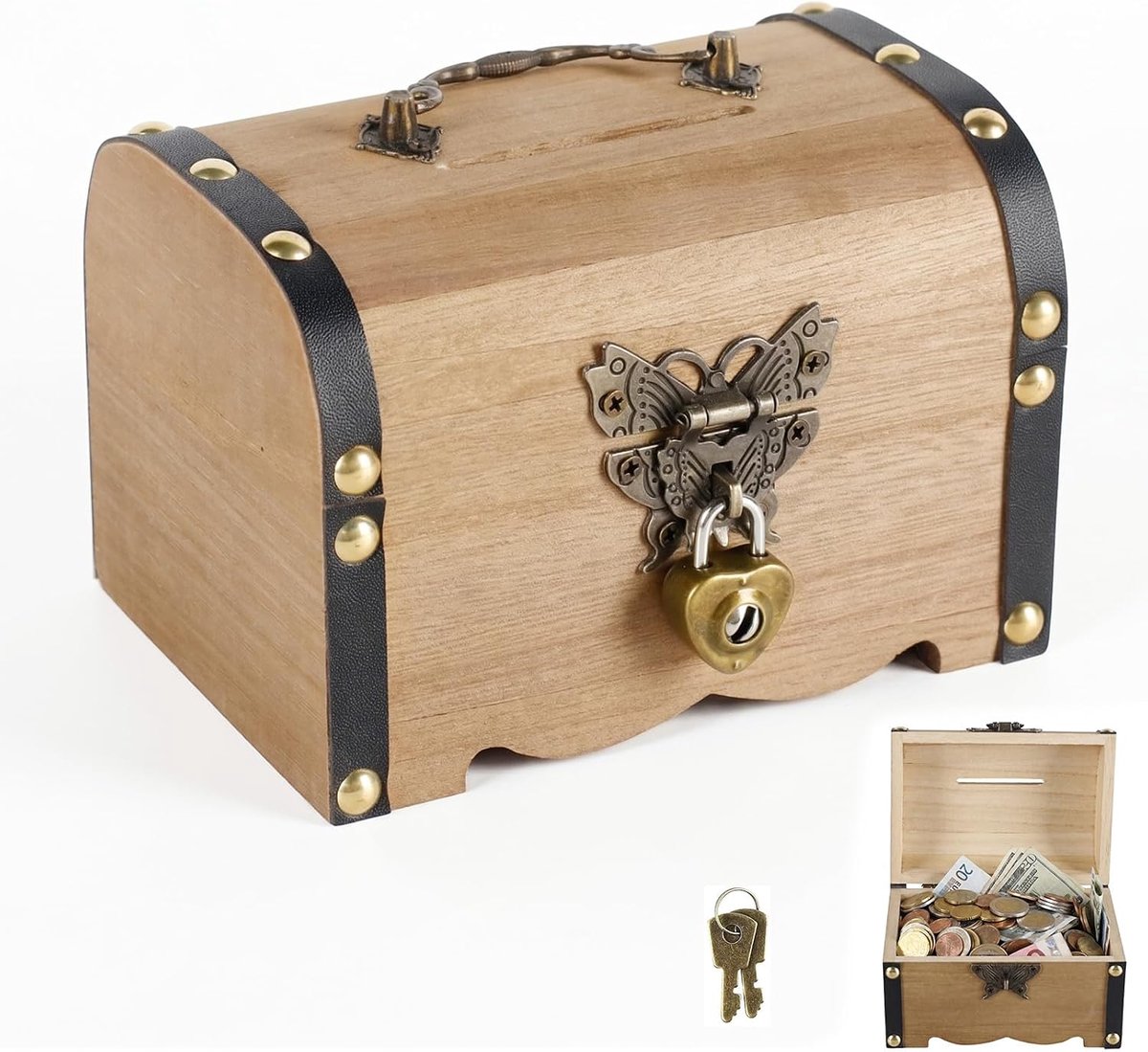 Schatkist van hout 14,5 x 10 x 10 cm - massief paulowniahout - vintage met hartslot - perfecte spaarpot voor kinderen - ShopVlot