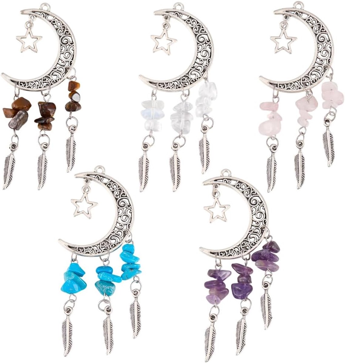 Maanhangers 10 stuks - Natuurlijke edelsteen - Tibetaanse veer - Unieke sieraden voor boho stijl - ShopVlot