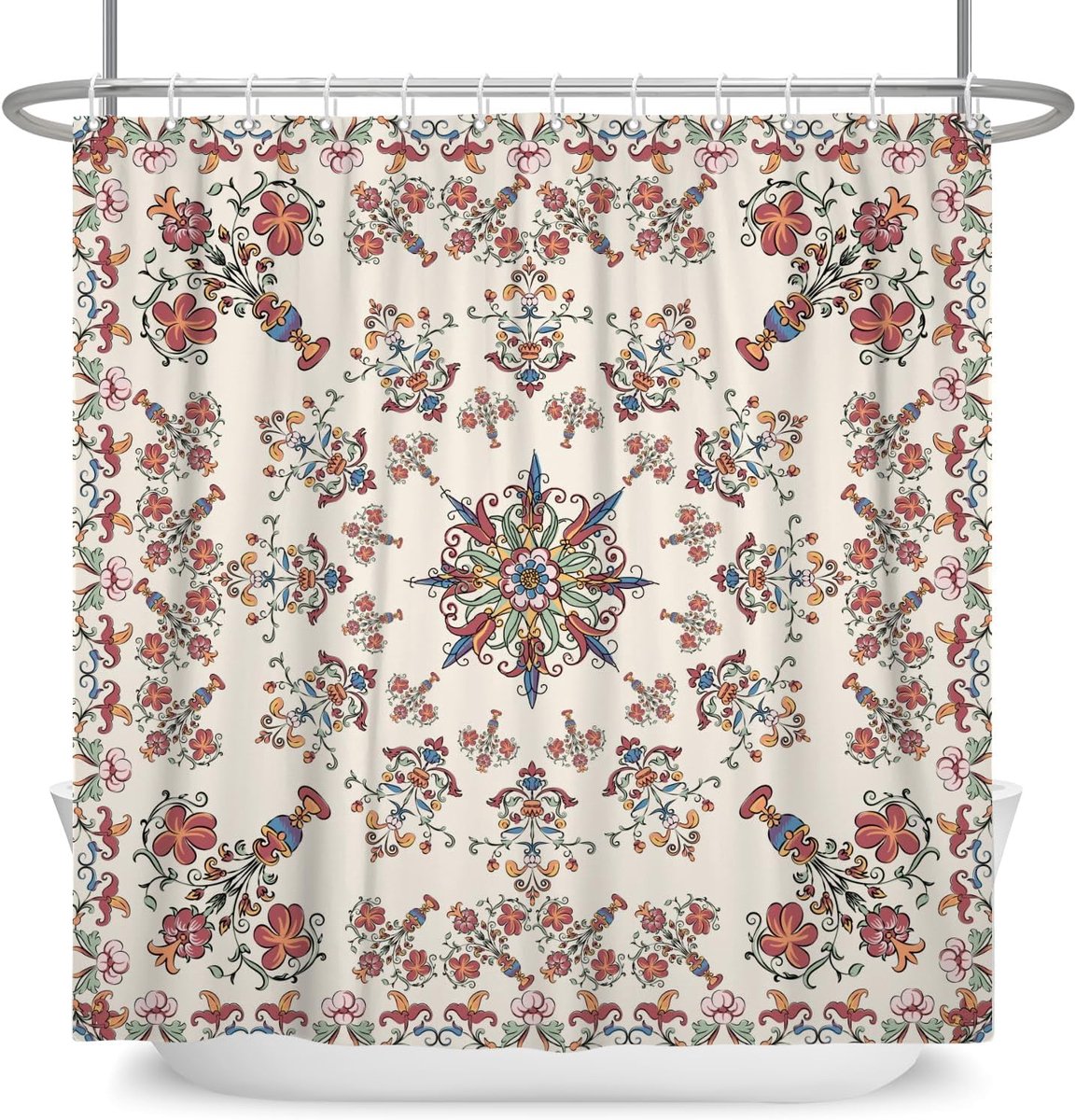 Douchegordijn 180 x 180 cm - Vintage Bloemen Geometrisch - Boho Stijl - Waterdicht en Schimmelbestendig - ShopVlot