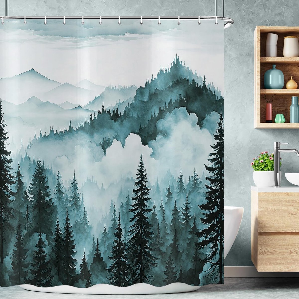 Douchegordijn 180 x 200 cm - polyester textiel - berggrenen landschap - waterdicht en wasbaar - ShopVlot