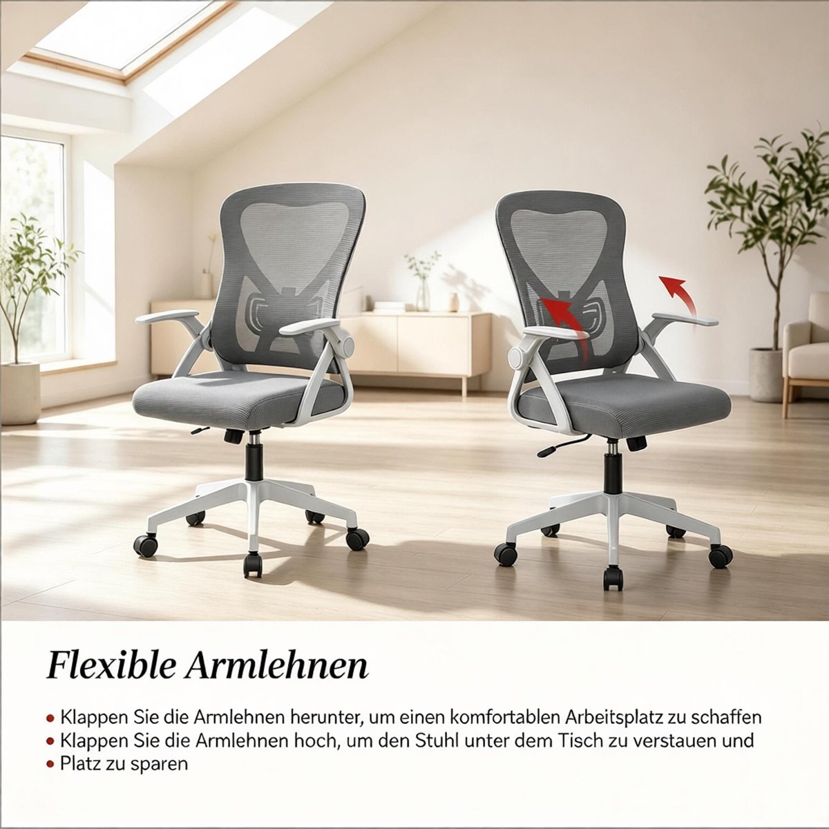 OKWISH Bureaustoel - Ergonomische Draaistoel Met Verstelbare Zithoogte En Kantelbare Rugleuning - Opklapbare Armleuningen Voor Thuis En Kantoor - Mesh - Grijs