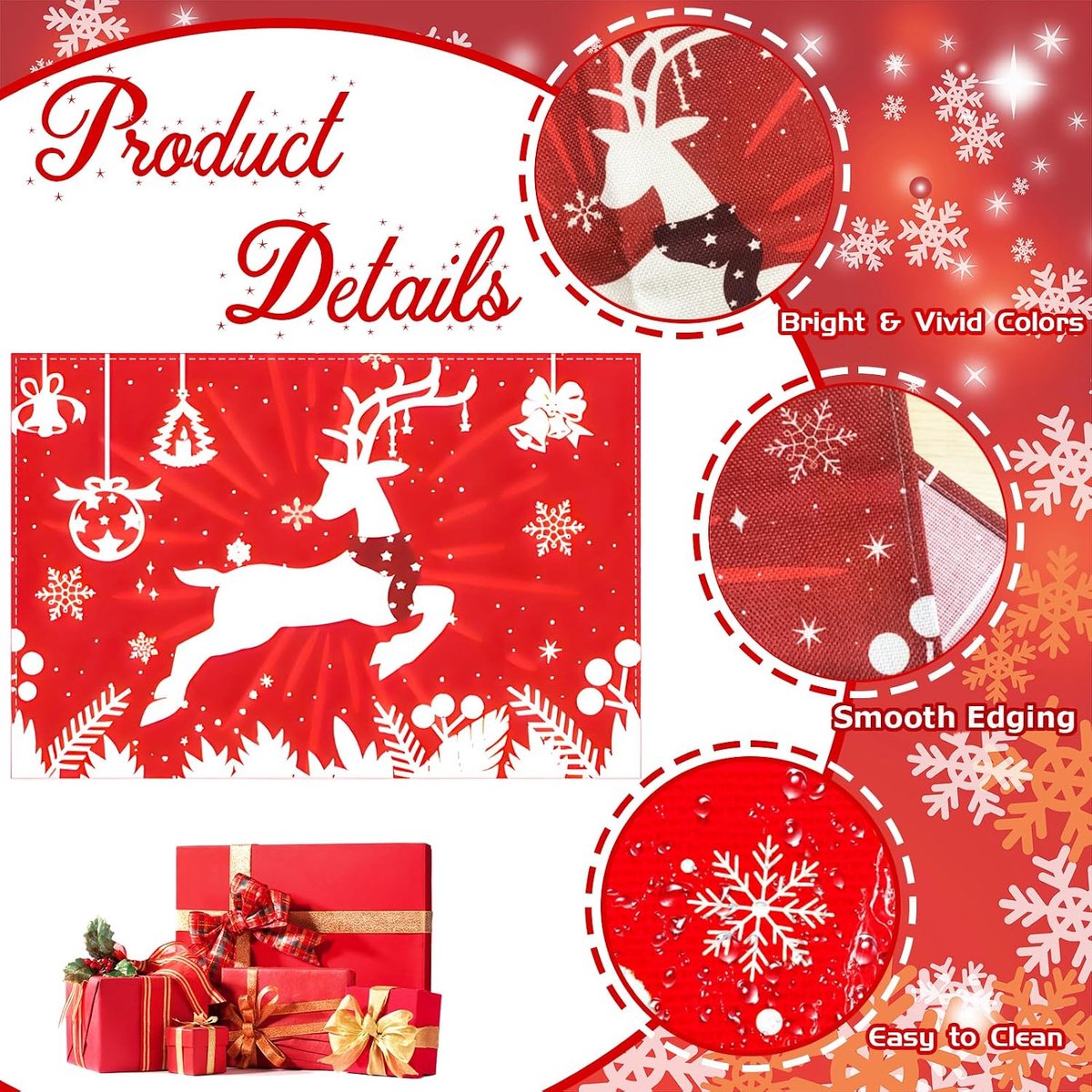 Kerst placemats set - 4 verschillende patronen - wasbare linnen - vrolijke tafeldecoratie voor feestdagen - ShopVlot