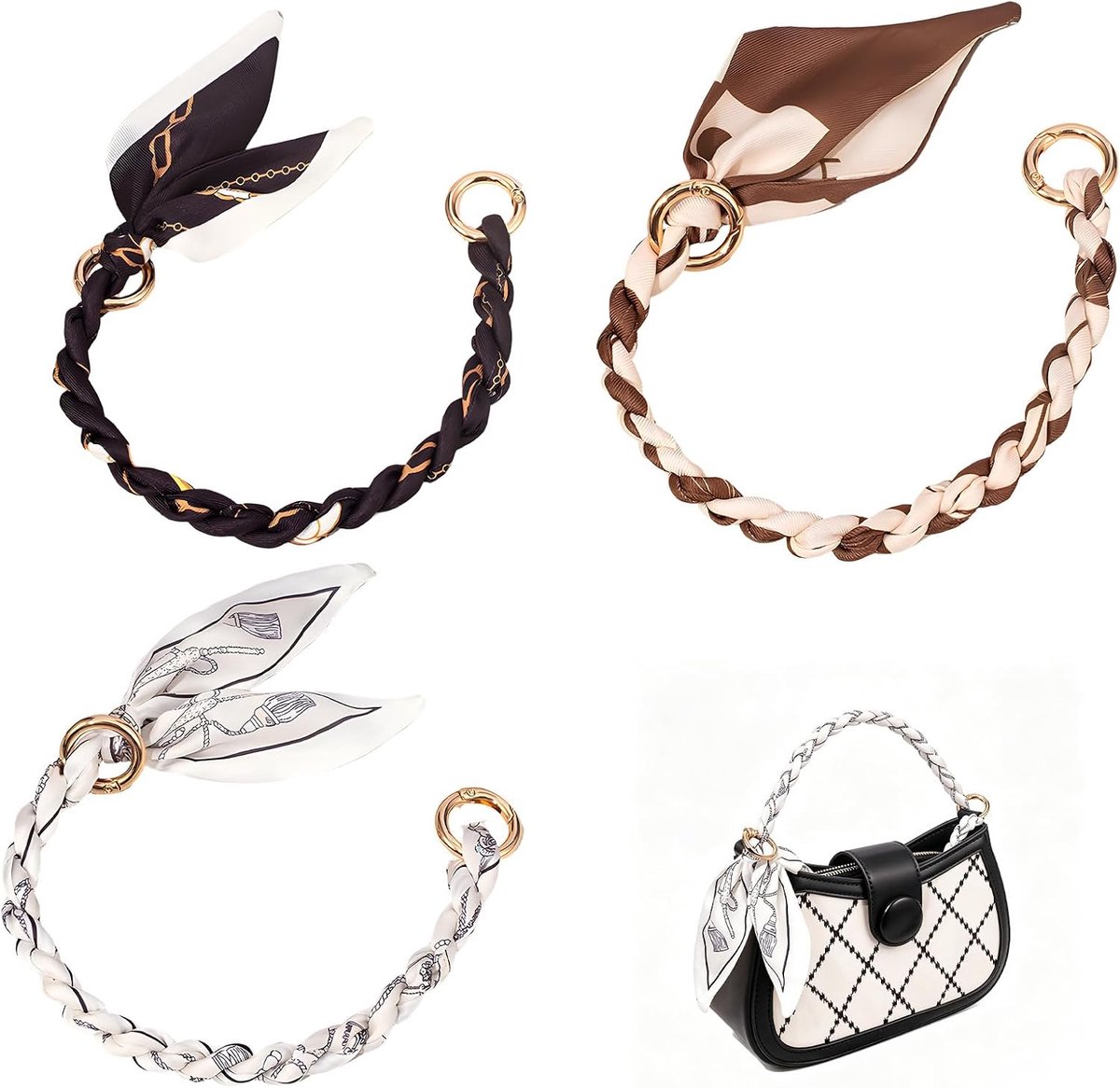 Set van 3 handgrepen 25 cm - zwart en bruin - ommanteld met gouden bedels - voor stijlvolle tasverlengingen - ShopVlot