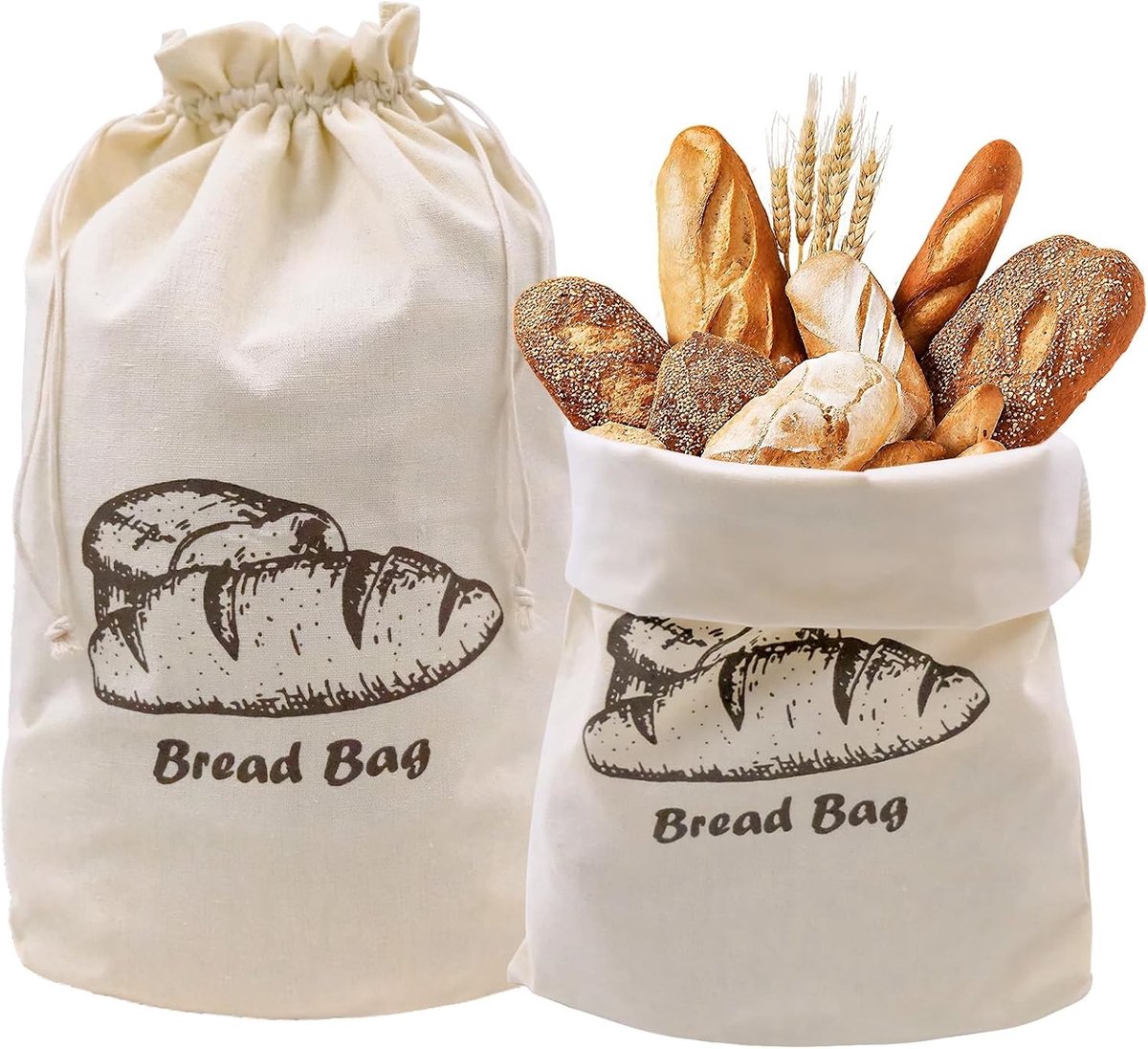 Herbruikbare Linnen Broodzakken met TPU Binnenvoering, 40 x 35 cm, Ideaal voor Brood, Groenten en Fruit, Set van 2