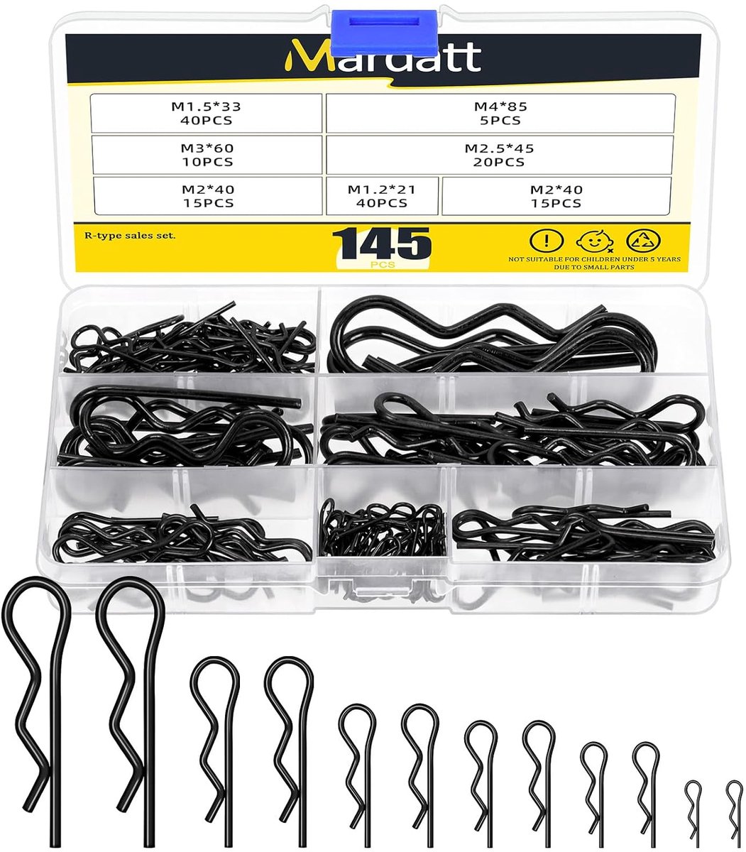 R Clips Cotter Pins Assortiment Kit 145pcs - 6 Maten - Verzinkt Zwart - Ideaal voor Veiligheidssloten - ShopVlot
