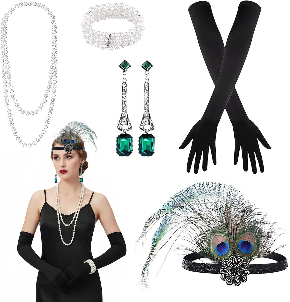 Flapper kostuumaccessoires set 8 stuks - Gatsby stijl - hoofdband, handschoenen, parelketting, oorbellen - ShopVlot