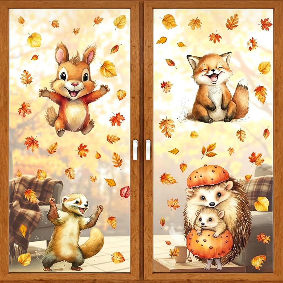 Herfstdecoratie raamafbeeldingen - diermotieven - zelfklevend - herbruikbare stickers voor ramen - ShopVlot