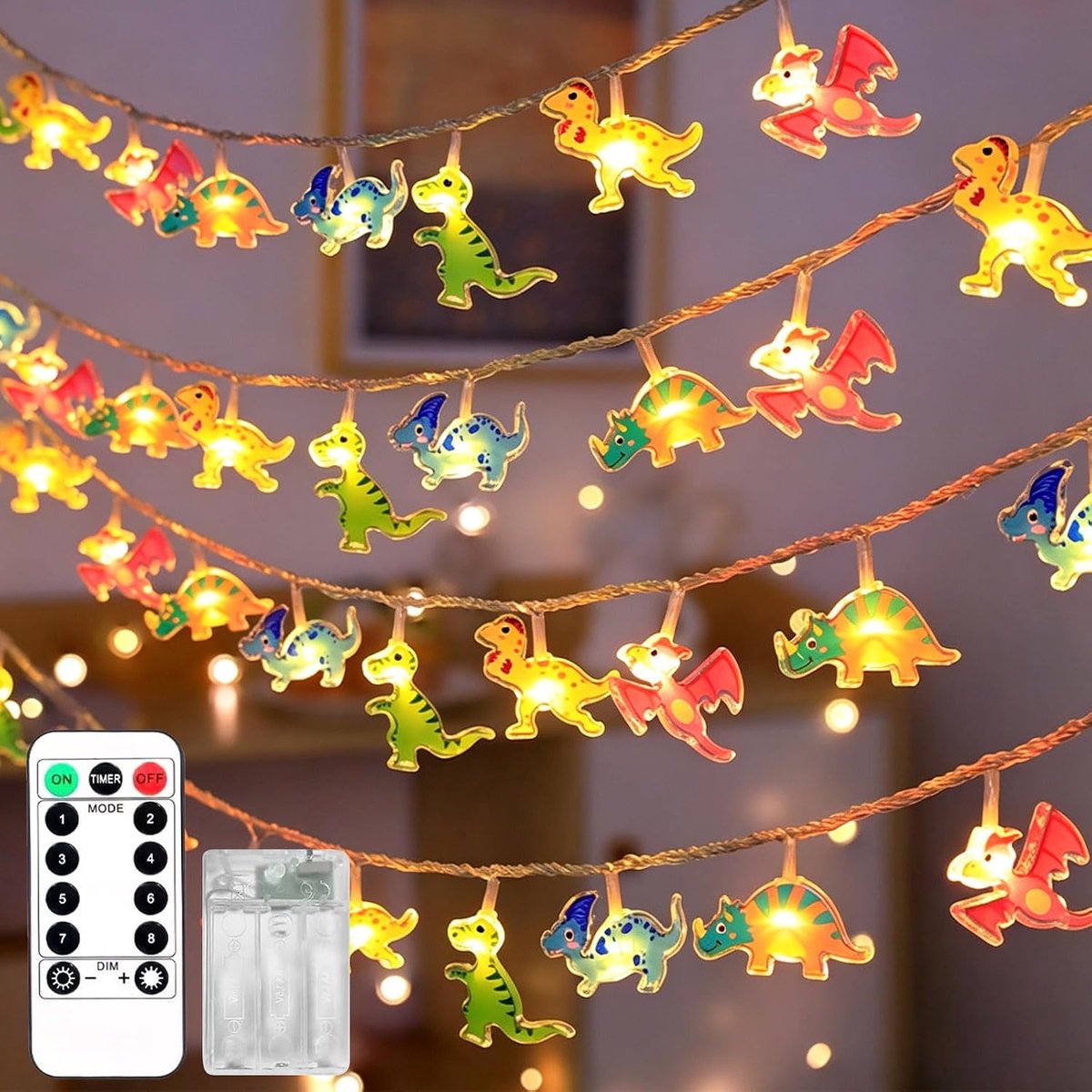 Dino Sfeerverlichting 20 LED - 3 m Dinosaurussen - Batterij met Afstandsbediening - Perfect voor Kinderkamer - ShopVlot