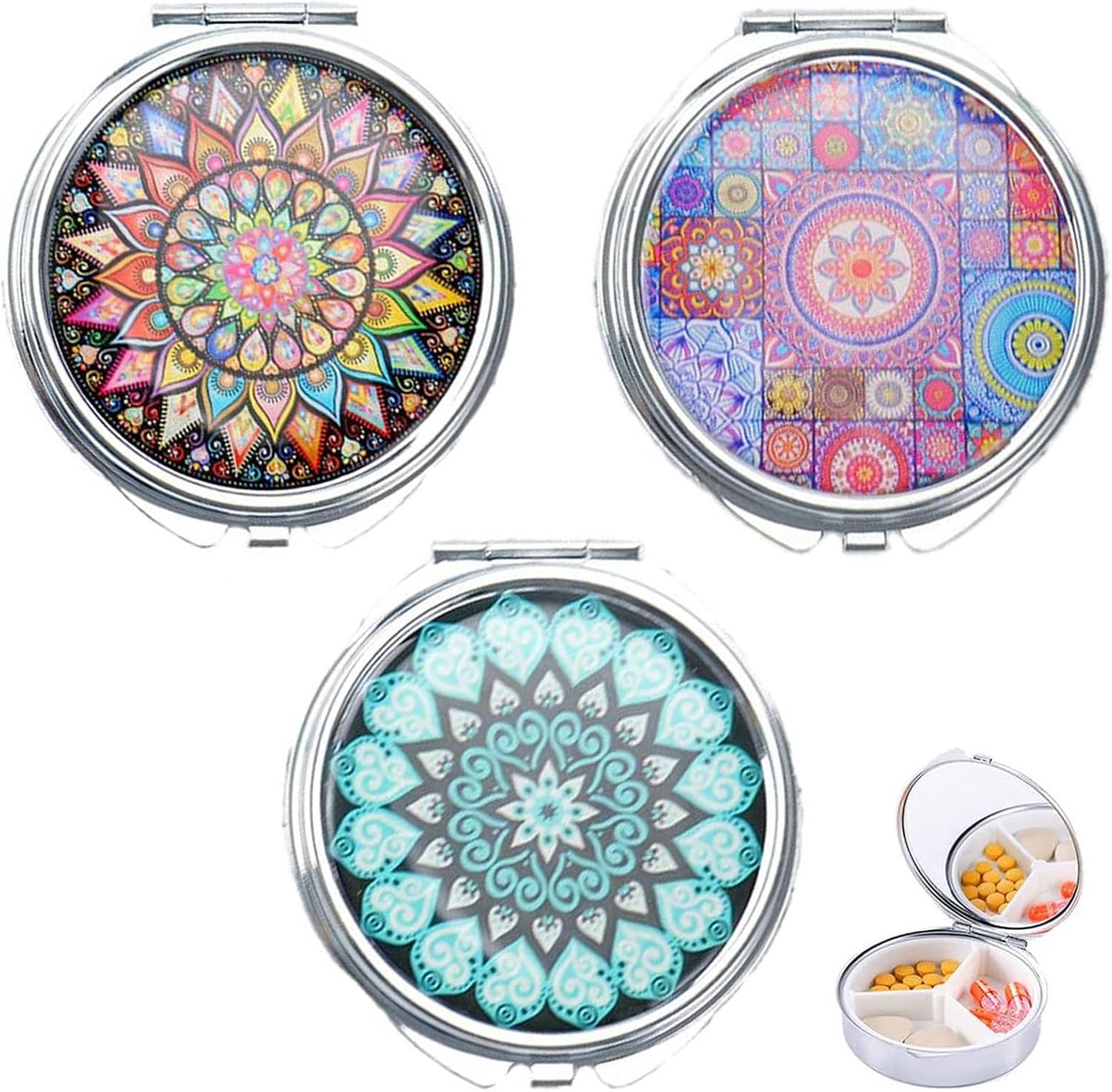 Pillenbox 3 Stuks - Draagbaar met Spiegel - Ronde Metalen Organiser - Ideaal voor Reizen - ShopVlot