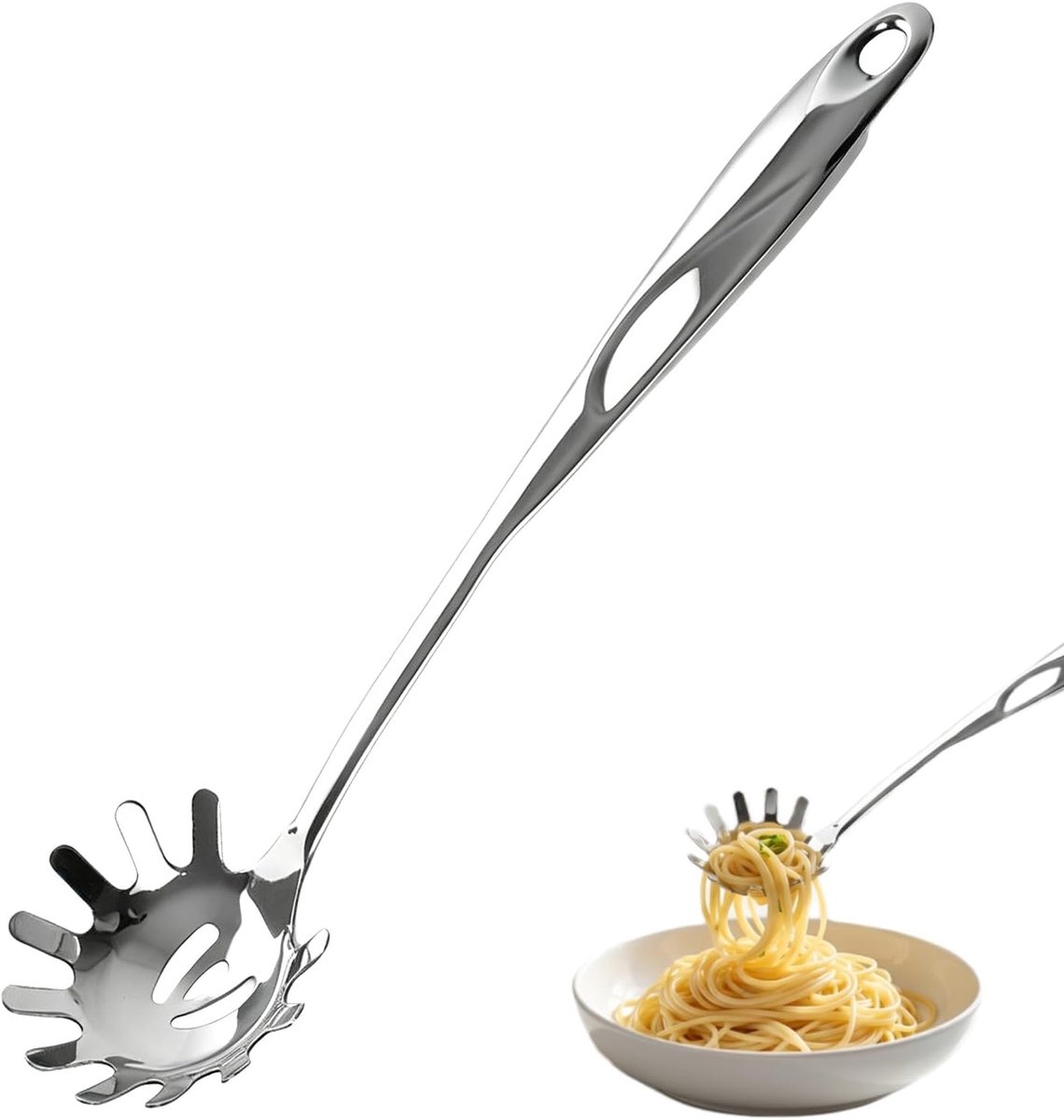 Spaghettilepel van roestvrij staal, 34,3 cm, pastalepel, eendelig met ergonomische handgreep, pastelepel met tanden - ShopVlot