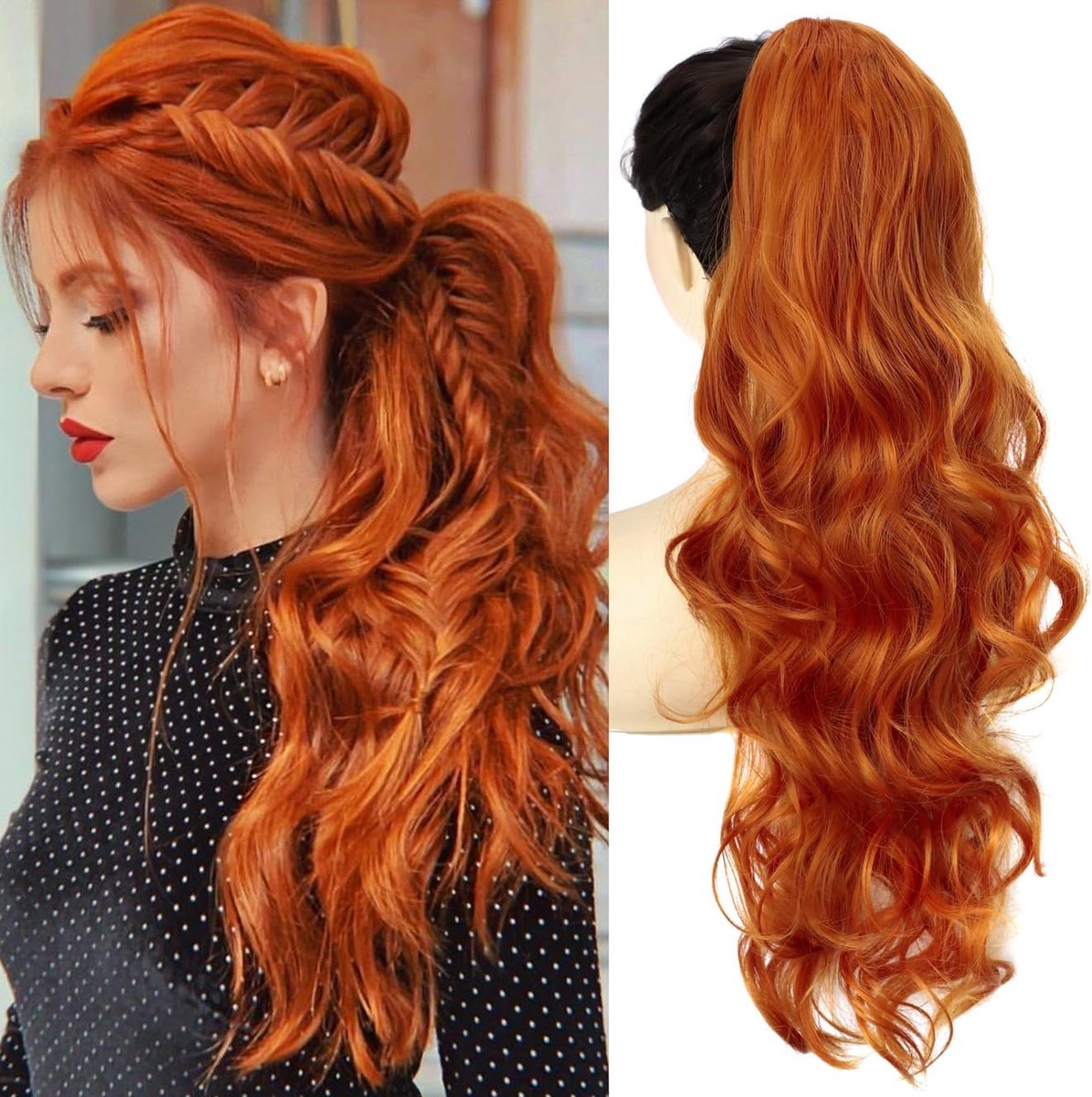 Ginger Long Wavy Ponytail Hair Extension for Women Drawstring Ponytail Hair Extensions Clip Curly Synthetic Hairpiece - ShopVlot