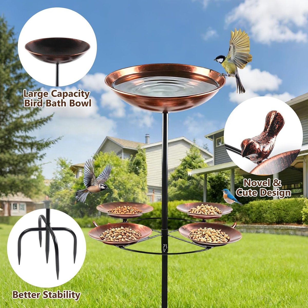 Vogelbad staand, 105 x 44,5 cm, vogelbad tuin met 5 tanden, stabiele basis, waterbad voor vogels, multifunctionele 5 - ShopVlot