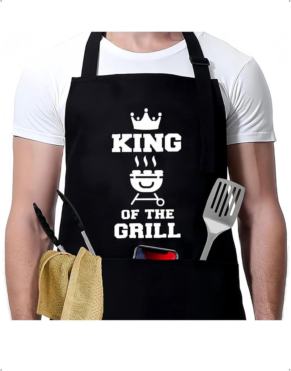 barbecue-schort voor heren met “King Of The Grill”-opdruk. Waterdicht kookschort met drie ruime zakken, verstelbaar - ShopVlot
