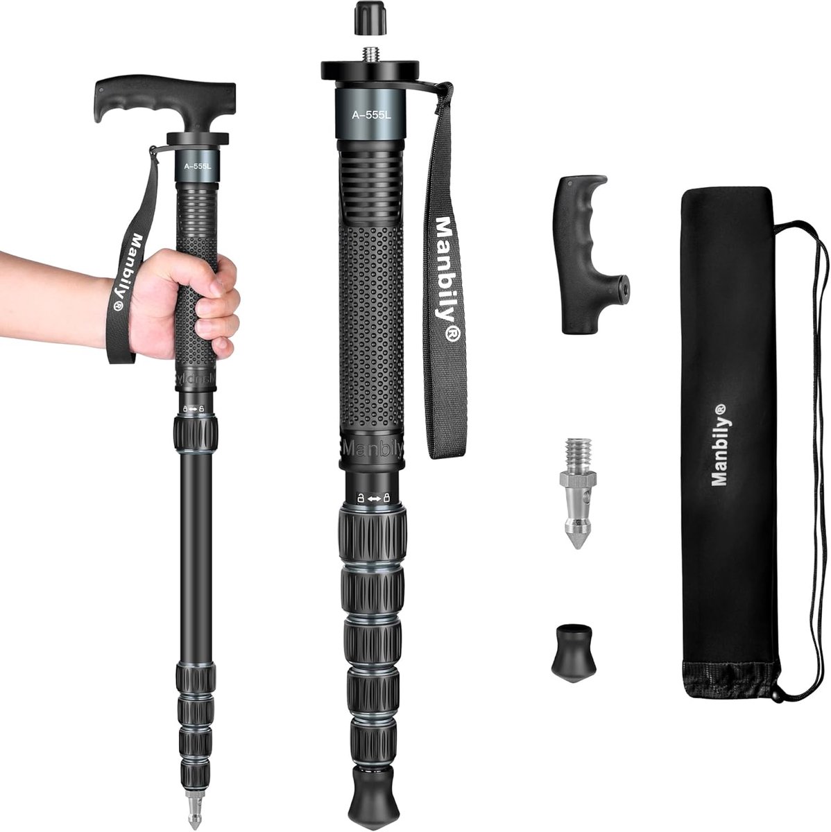 Manbily A-555L Aluminum Travel Monopod 40cm-168cm with Fishing Handle, 6 Sections Carrying Case, Compact and - ShopVlot