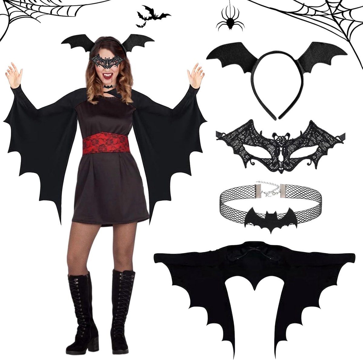 Bat Costume Women Halloween Costume Women Black Bat Cape Bat Wings Adult with Mask Bat Headband Necklace Vampire - ShopVlot