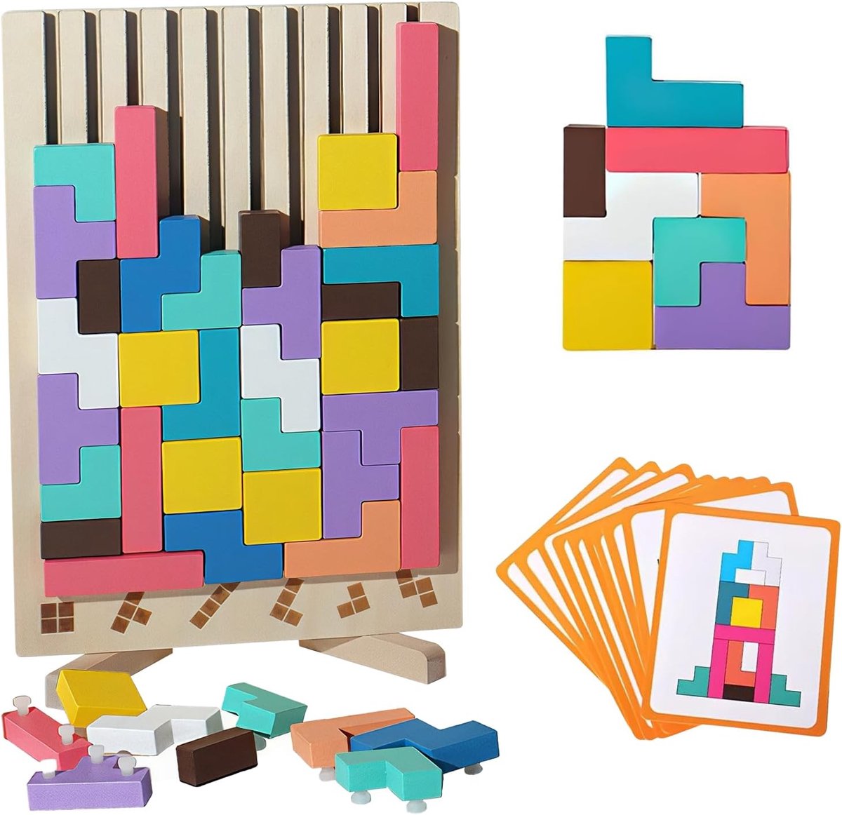 Tetrispuzzle van hout met speelkaarten, Montessori-spellen - Montessori leer- en stapelspel, voor 3-6 jaar, traint - ShopVlot