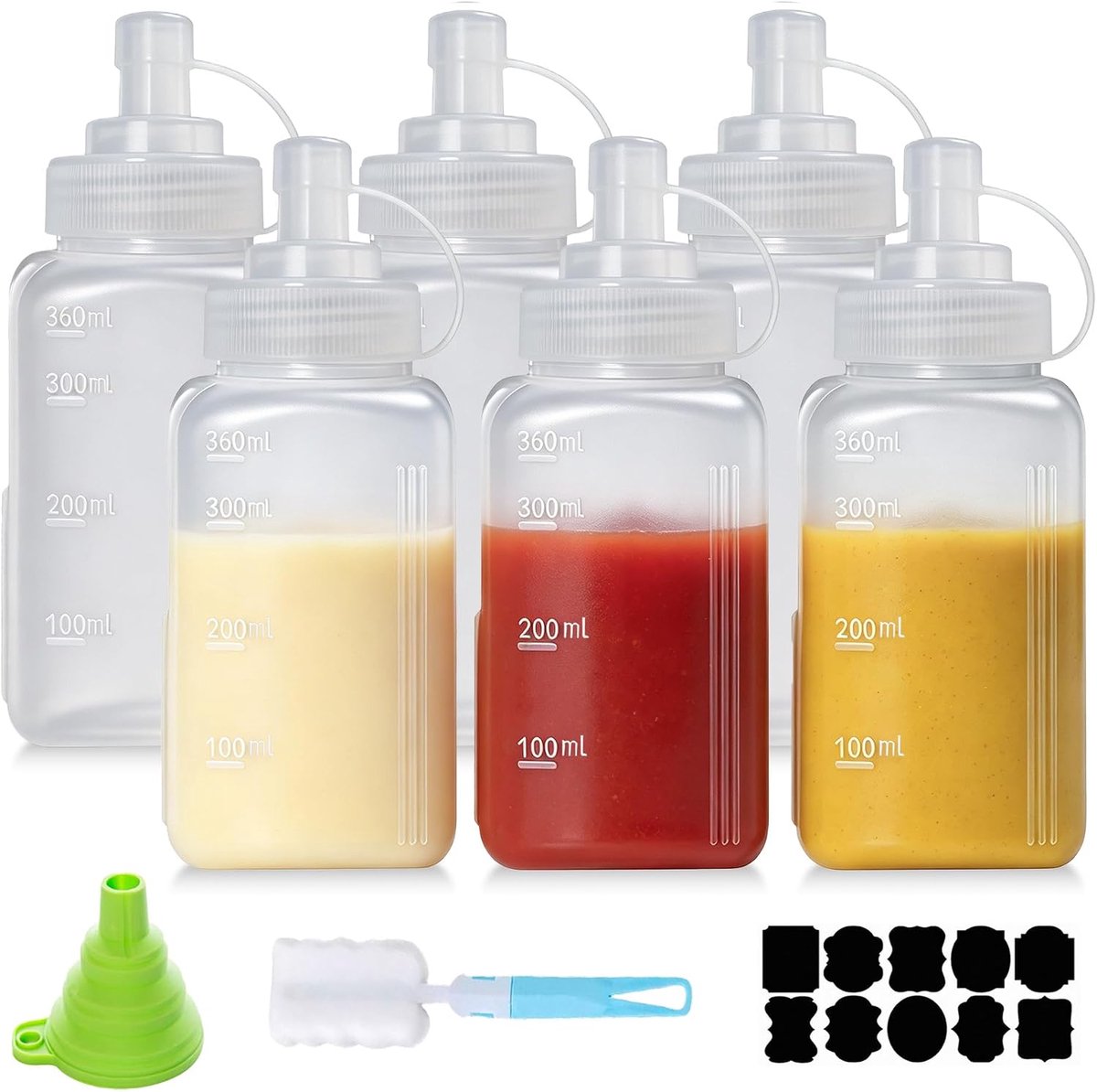 6 stuks knijpfles van 360 ml - Squeeze fles, sausfles met brede opening voor ketchup, saladedressing, dikke vloeibare - ShopVlot