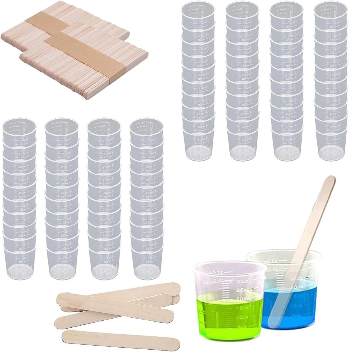 Measuring Cup, Mixing Cup, 100 Pieces, 30 ml, Plastic Measuring Cups with 100 Pieces Stirrer Sticks for Mixing - ShopVlot