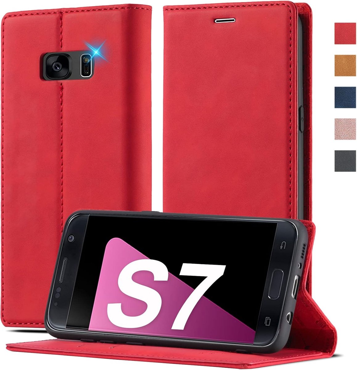 Leren klaphoesje voor Samsung Galaxy S7, 2023, met standfunctie, premium leer, inklapbaar, leren hoes - ShopVlot