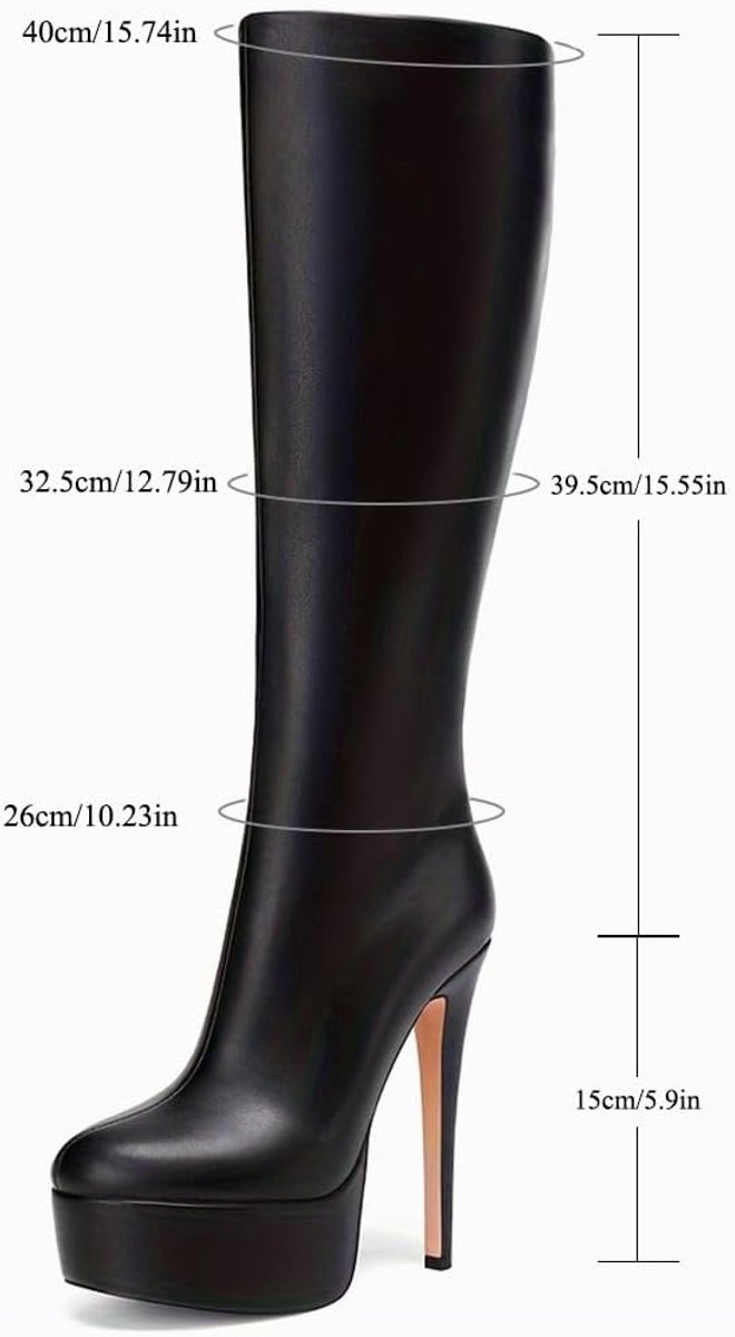 Feinlina Women Black Leather Platform Heel Knee High Boots Sexy Stiletto Heel Thigh High Boots - ShopVlot